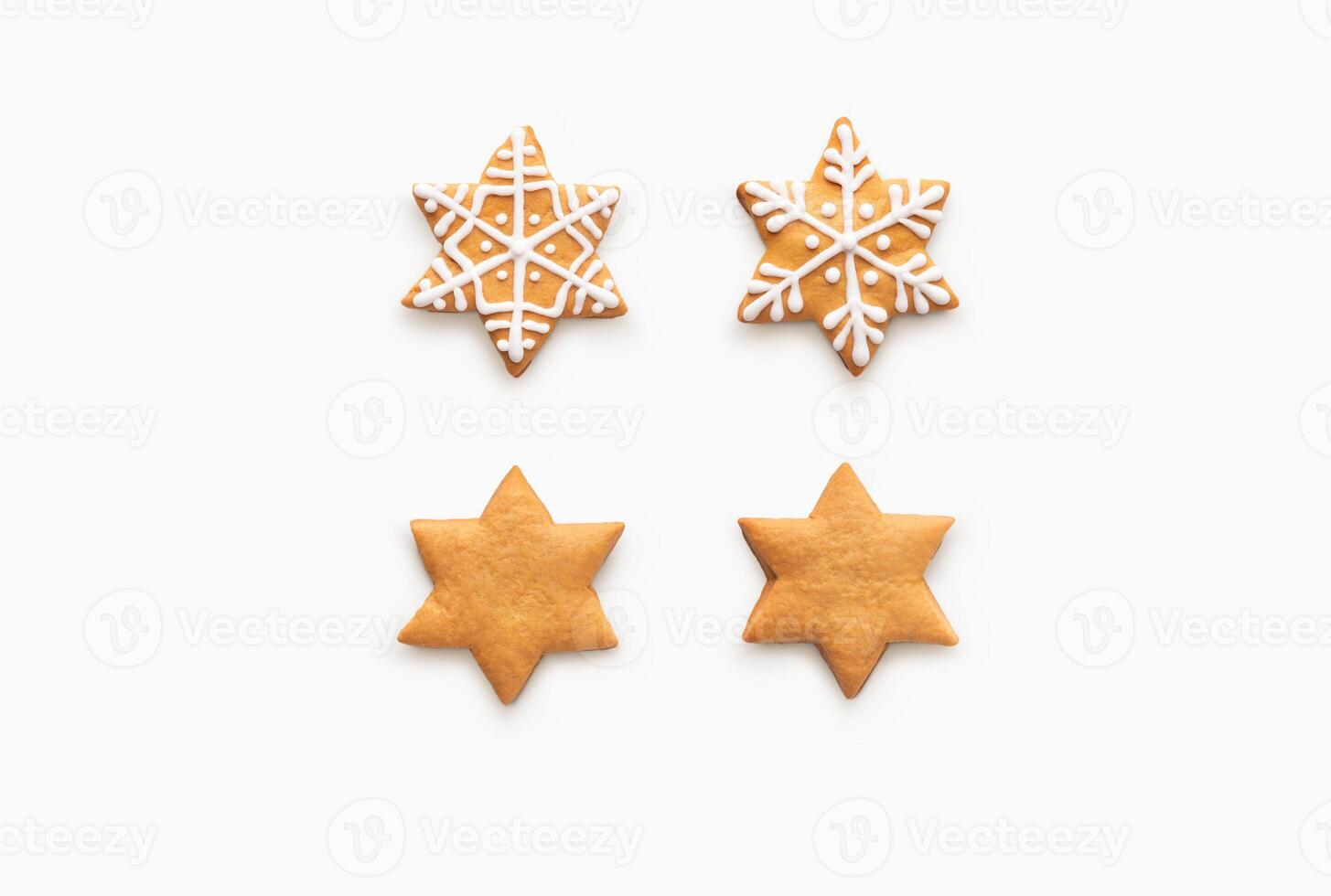 Blank and decorated gingerbread cookies isolated on white background, top view photo