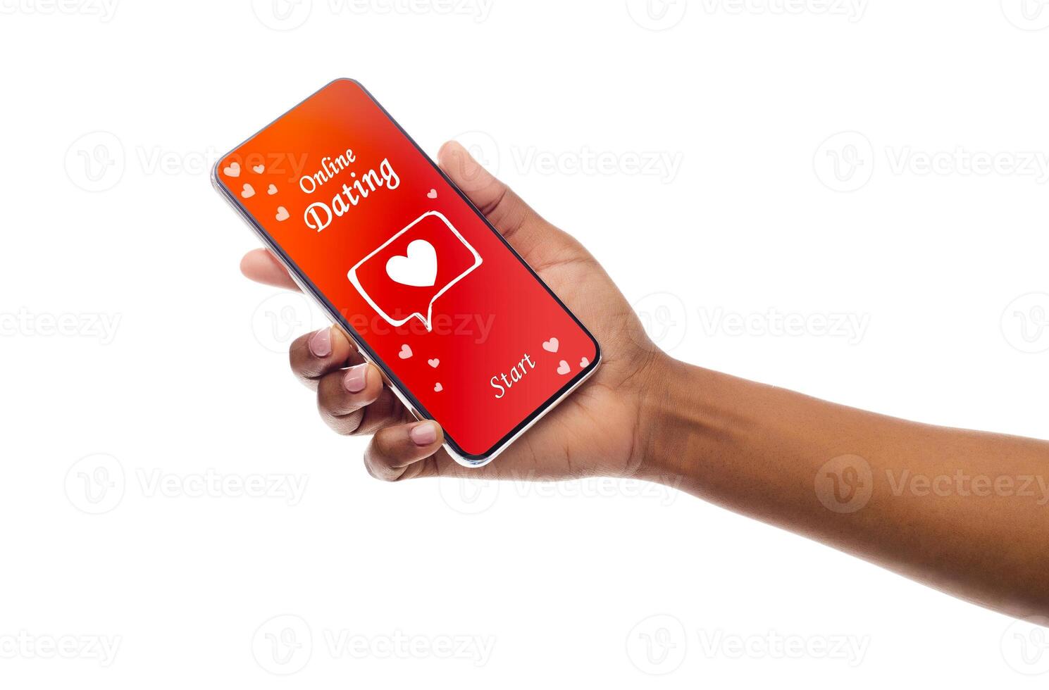 Dating App Opened On Smartphone In African American Lady's Hand Isolated On White. Closeup, Panorama With Empty Space photo