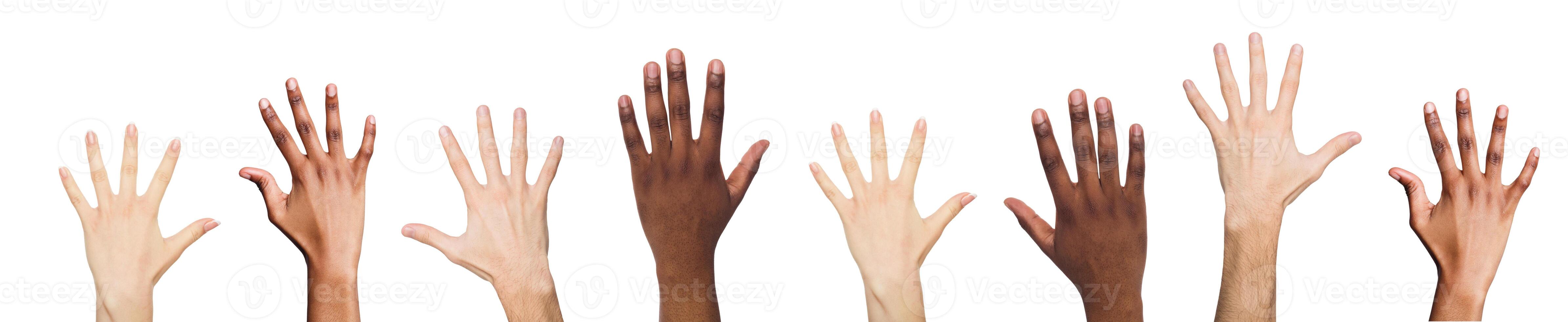 Multiethnic hands showing high five gestures isolated on white background. Collection of signs, cutout photo