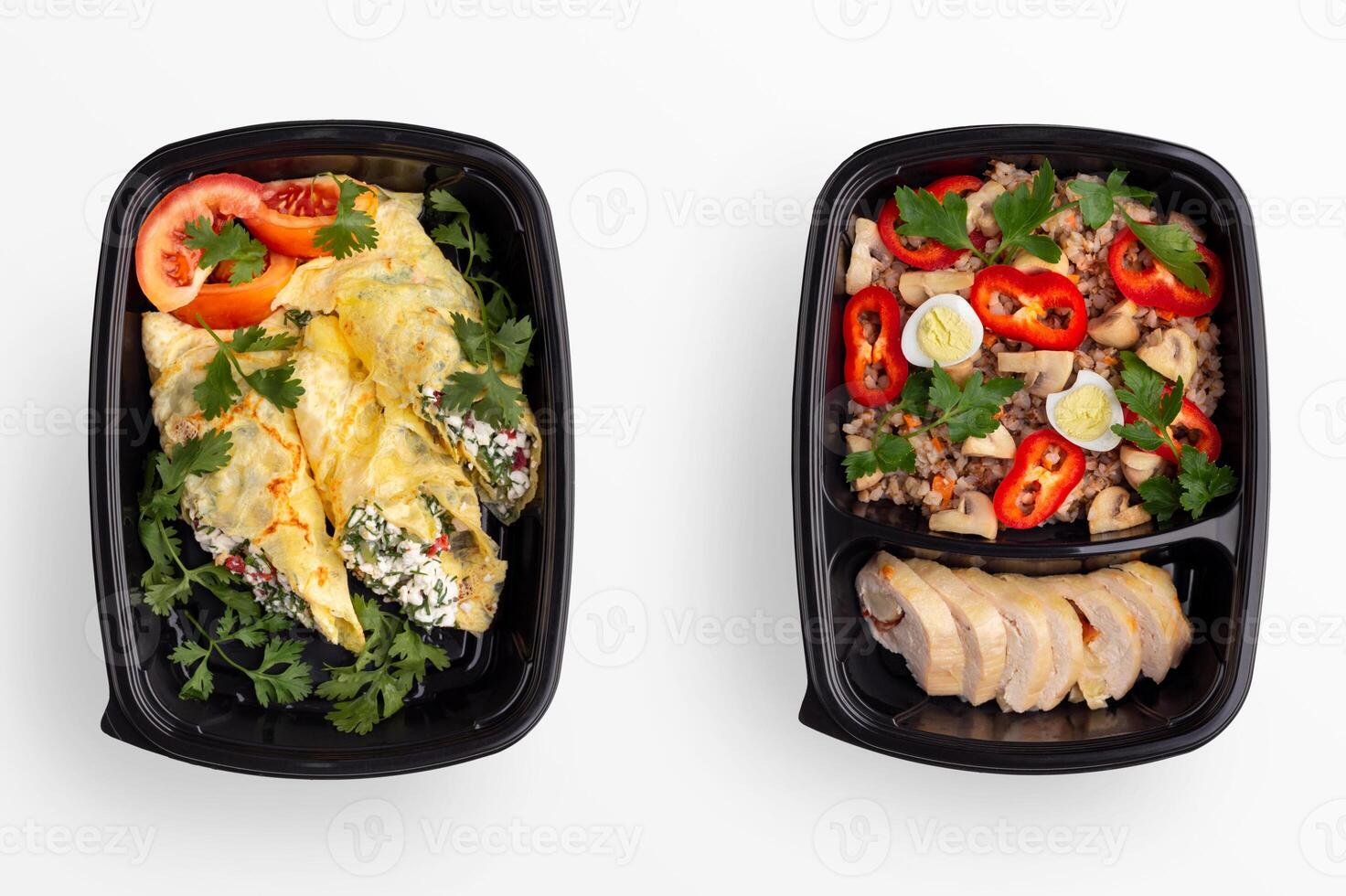 Healthy home made meal in plastic conteiner for taking away lunch, top view, isolated photo