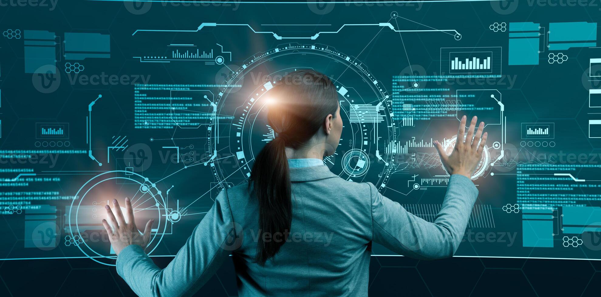 Smart business technologies. Creative collage of female entrepreneur using virtual control panel with financial or economic info, back view. Big data and high tech innovations photo