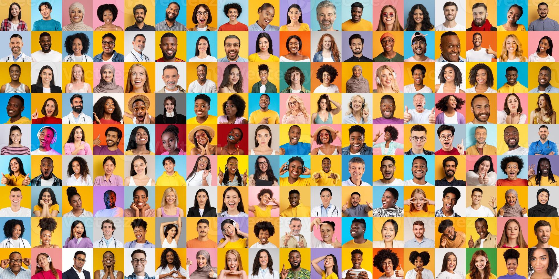 This vibrant collage features diverse individuals from various backgrounds, all smiling and displaying unique styles. Each person adds to the rich tapestry of expression and lifestyle. photo