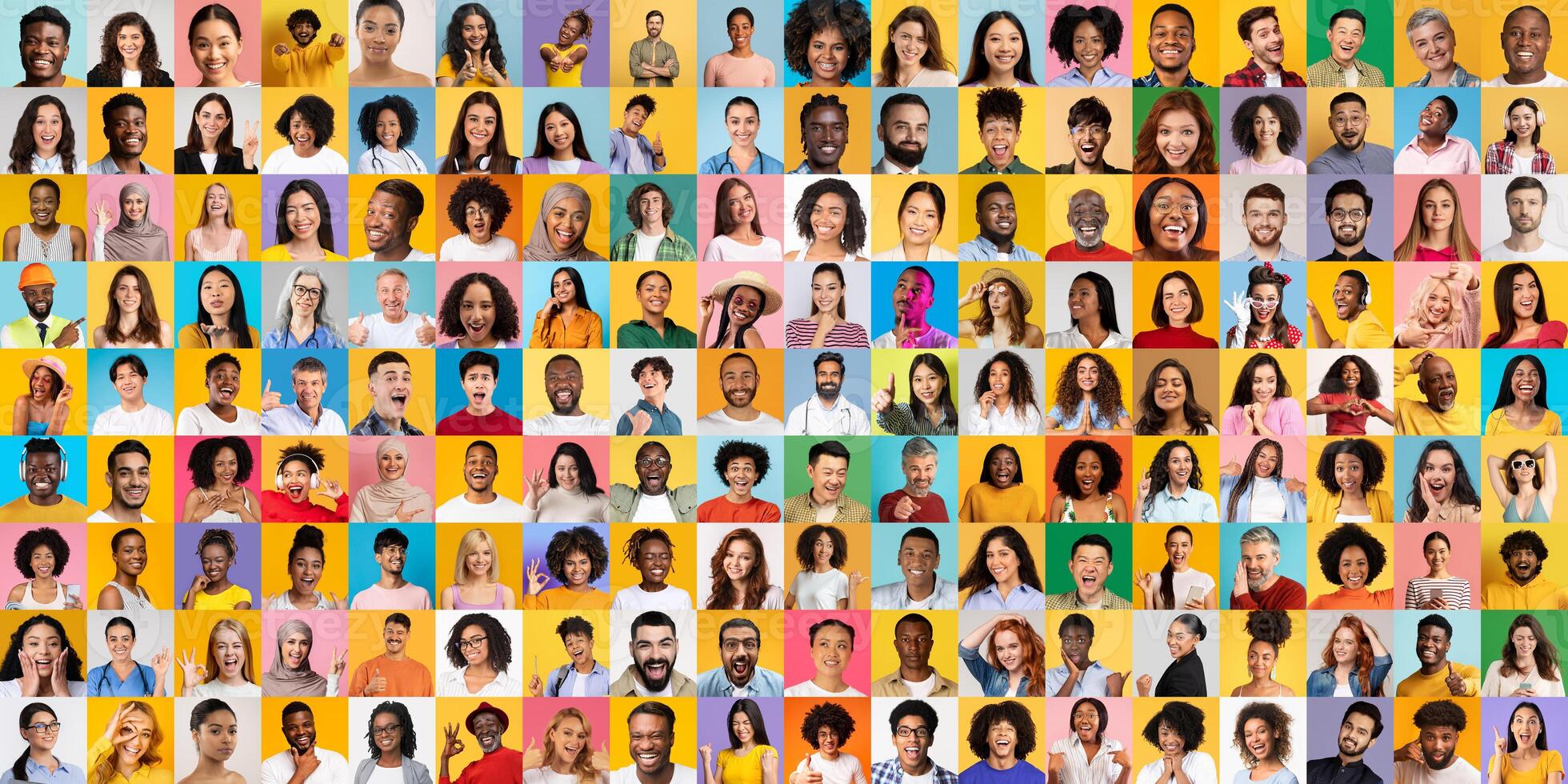 This vibrant collage features a variety of individuals from different backgrounds. Each unique portrait highlights diverse expressions and lifestyles, reflecting a global community. photo
