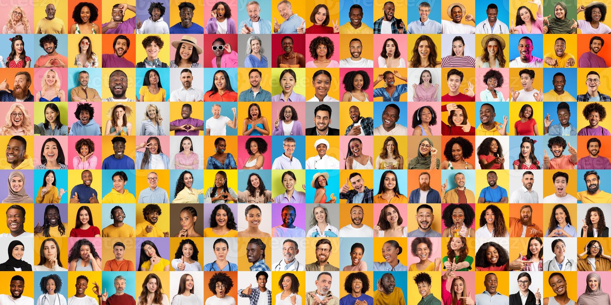 A vibrant collage features a diverse group of individuals from different backgrounds, showcasing their unique expressions and lifestyles. photo