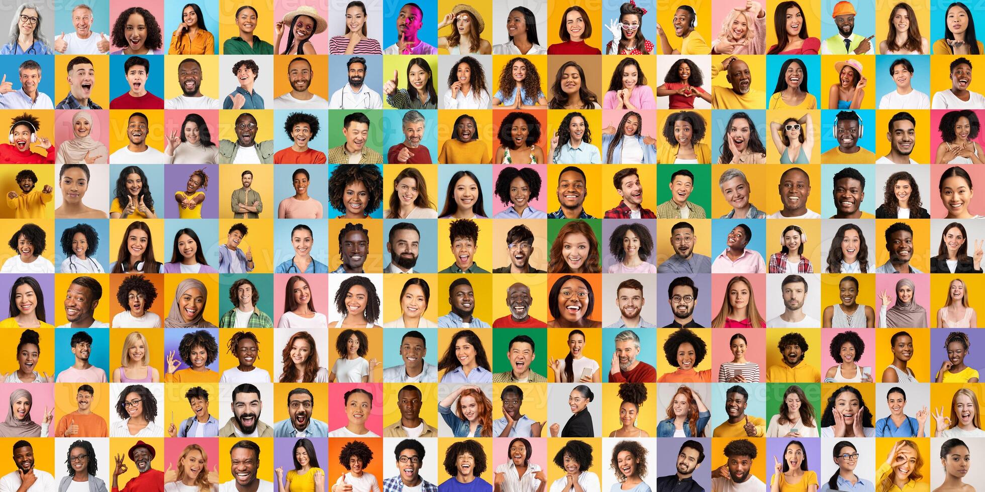 A collection of diverse portraits features people from various backgrounds displaying their unique expressions. The lively colors create an energetic atmosphere celebrating unity. photo