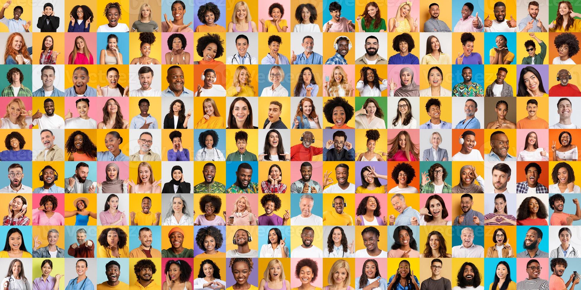 A collage featuring a variety of diverse individuals, each displaying unique hairstyles and expressions. The vibrant background adds depth, highlighting their individuality photo