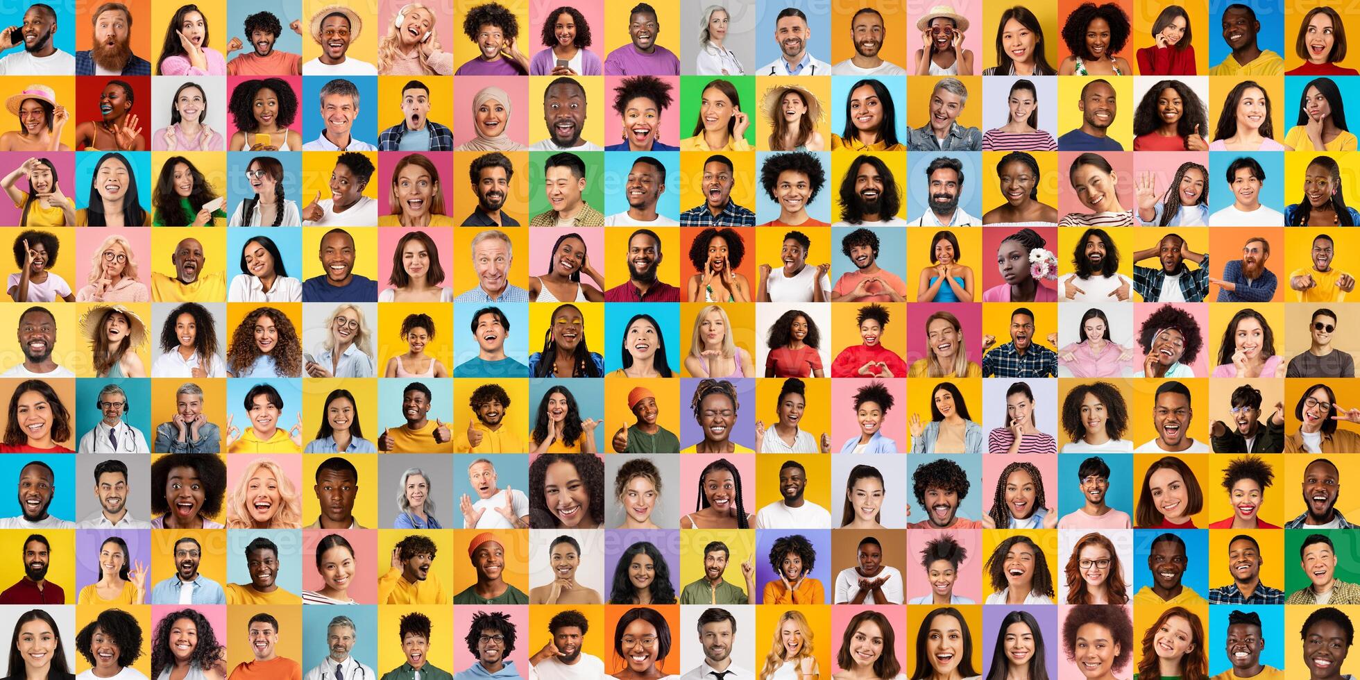 A lively collage features diverse faces from various backgrounds, each expressing unique emotions in a colorful setting. photo