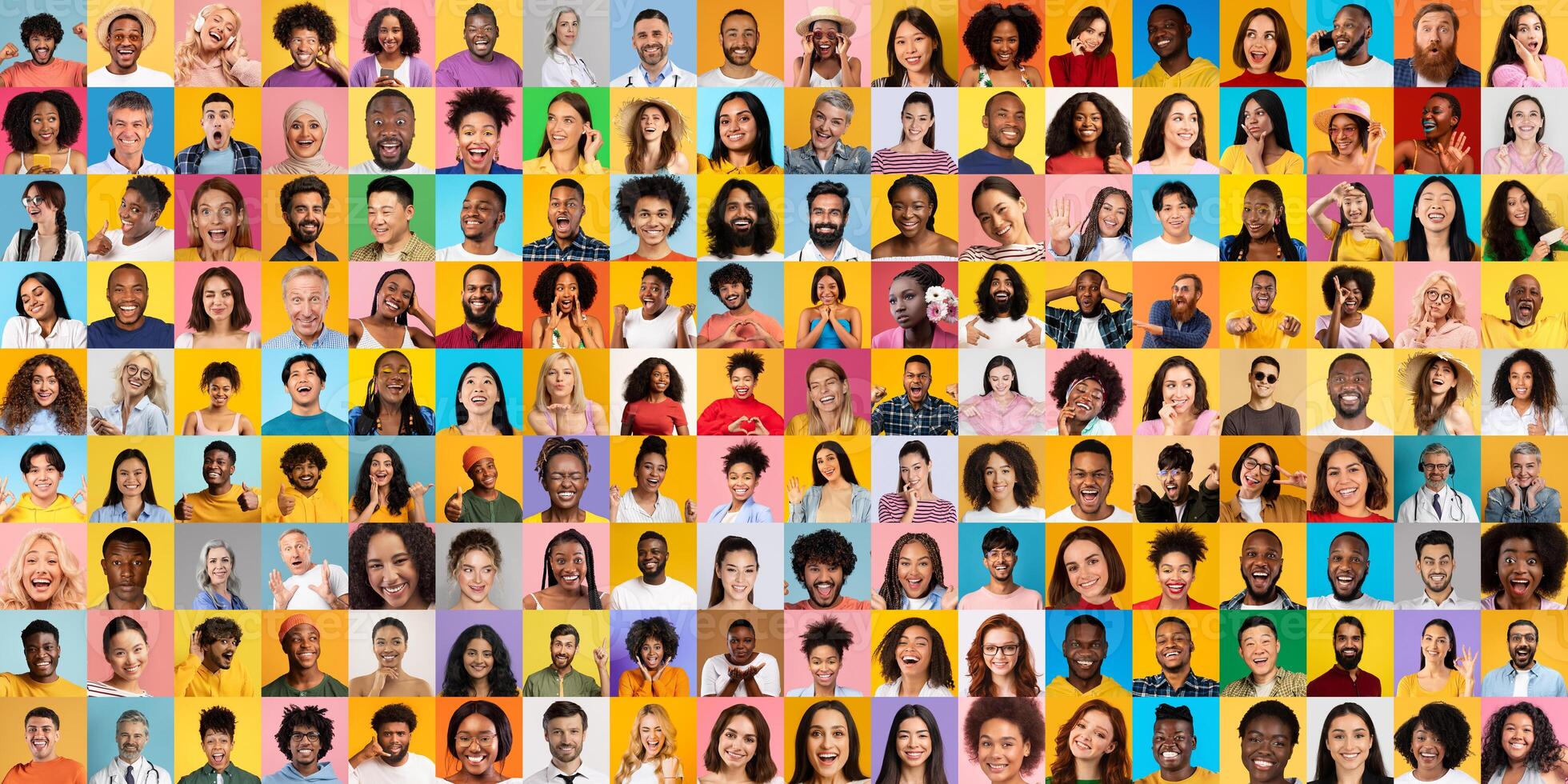 A vibrant collage featuring diverse individuals representing multiethnic backgrounds. Each person displays a unique expression of joy, celebrating cultural diversity and connection. photo