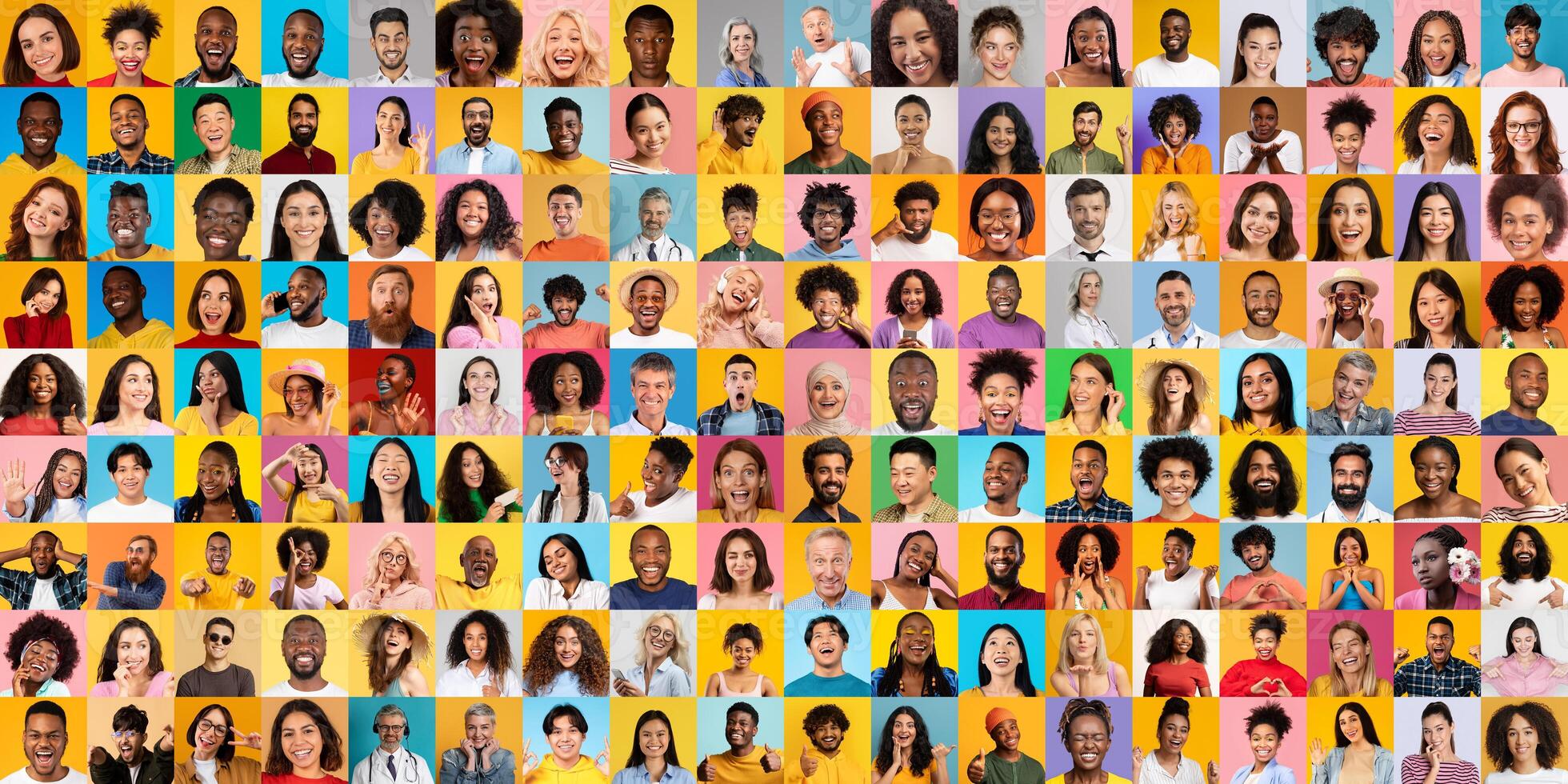 A vibrant collage features a variety of diverse individuals smiling and expressing joy. This collection showcases different backgrounds, emphasizing unity and diversity in modern lifestyles. photo