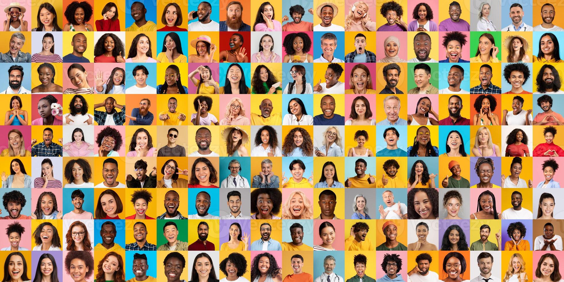 This vibrant collage features diverse individuals from various backgrounds, all smiling and expressing joy. photo