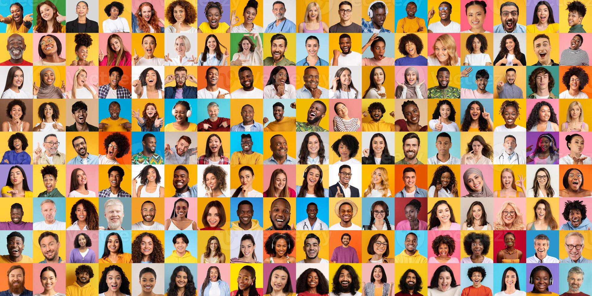 This vibrant collage presents a diverse group of people from various backgrounds, each with unique expressions that reflect their lifestyles. photo