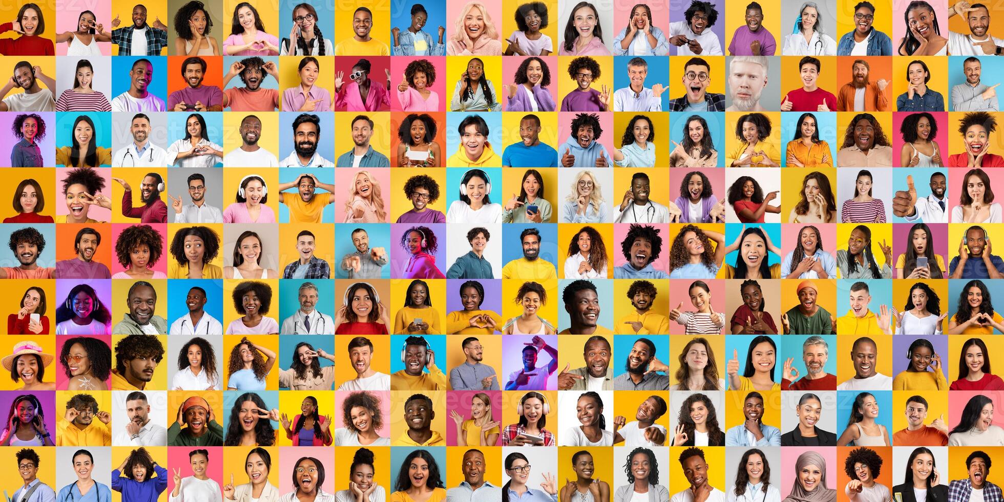 This vibrant collage features a diverse group of people from various backgrounds, highlighting their unique expressions and lifestyles against colorful backdrops. photo