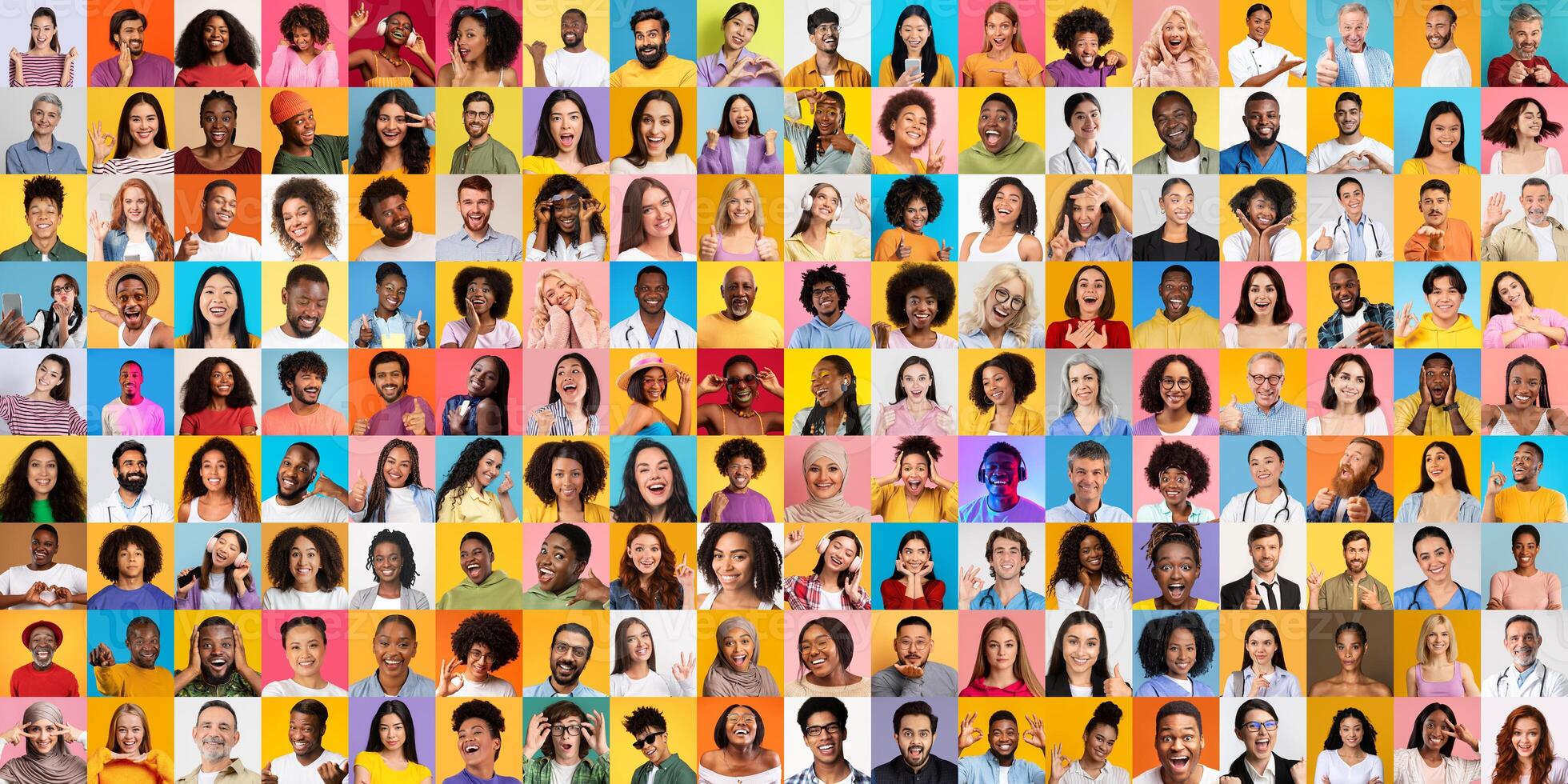 A lively collection of portraits featuring people from various backgrounds, highlighting their unique expressions and lifestyles. This colorful collage represents diversity and unity across cultures. photo