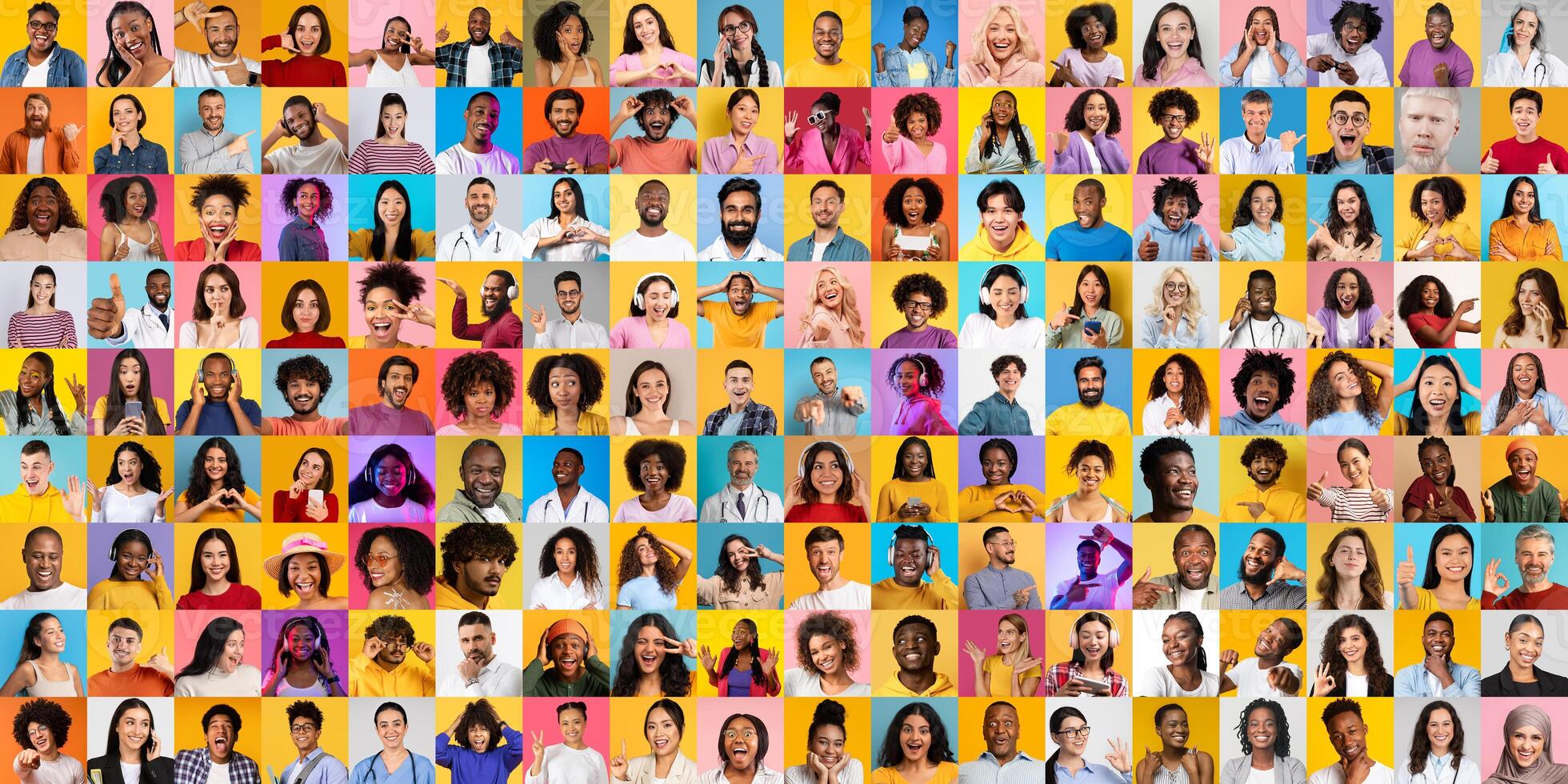 A vibrant collection of portraits featuring a diverse group of individuals expressing a range of emotions. The multiethnic faces are set against colorful backgrounds, highlighting global unity. photo