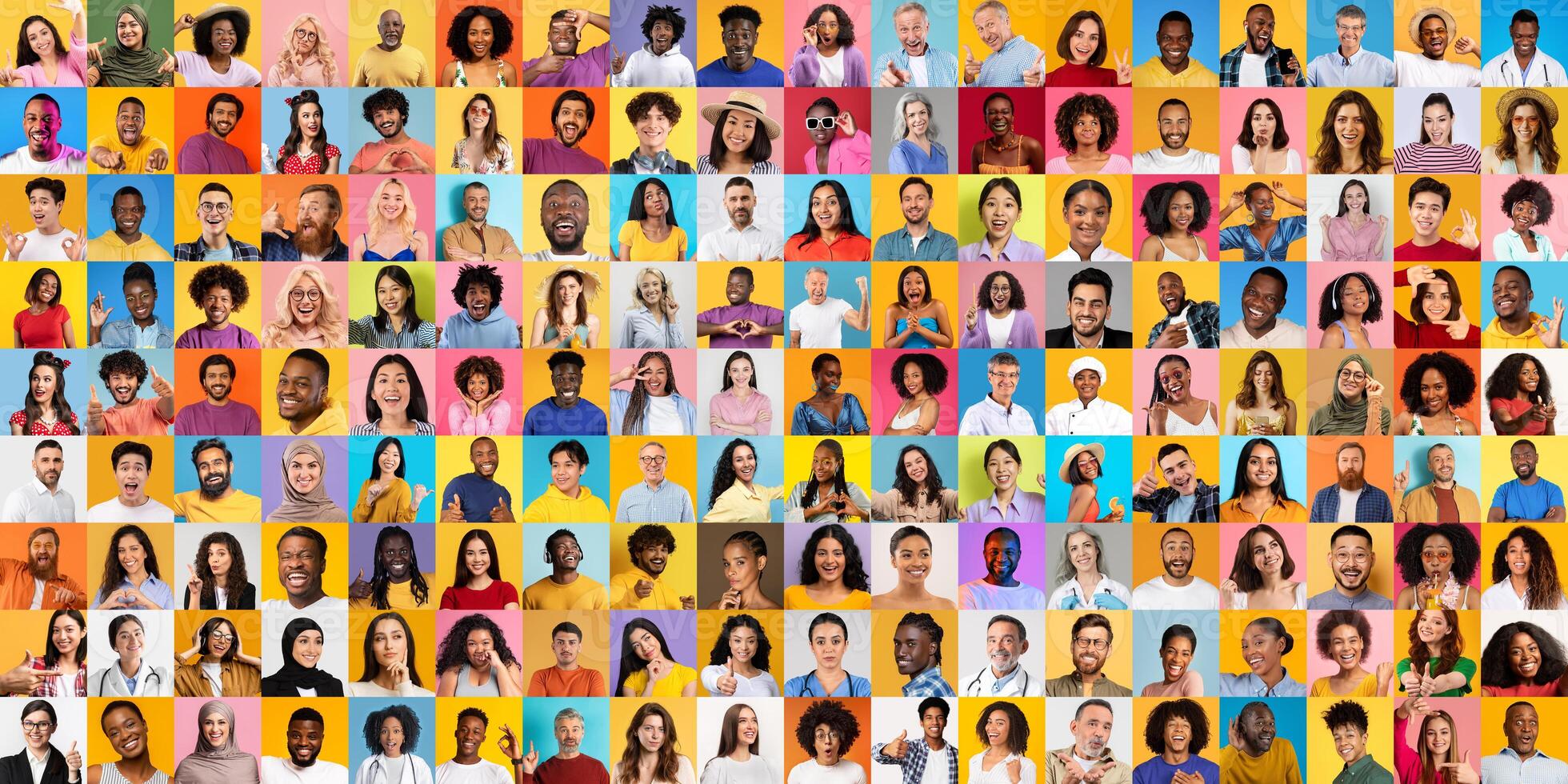 This vibrant collage features diverse individuals from various backgrounds, showcasing their unique expressions and styles. Each portrait highlights the beauty of unity. photo