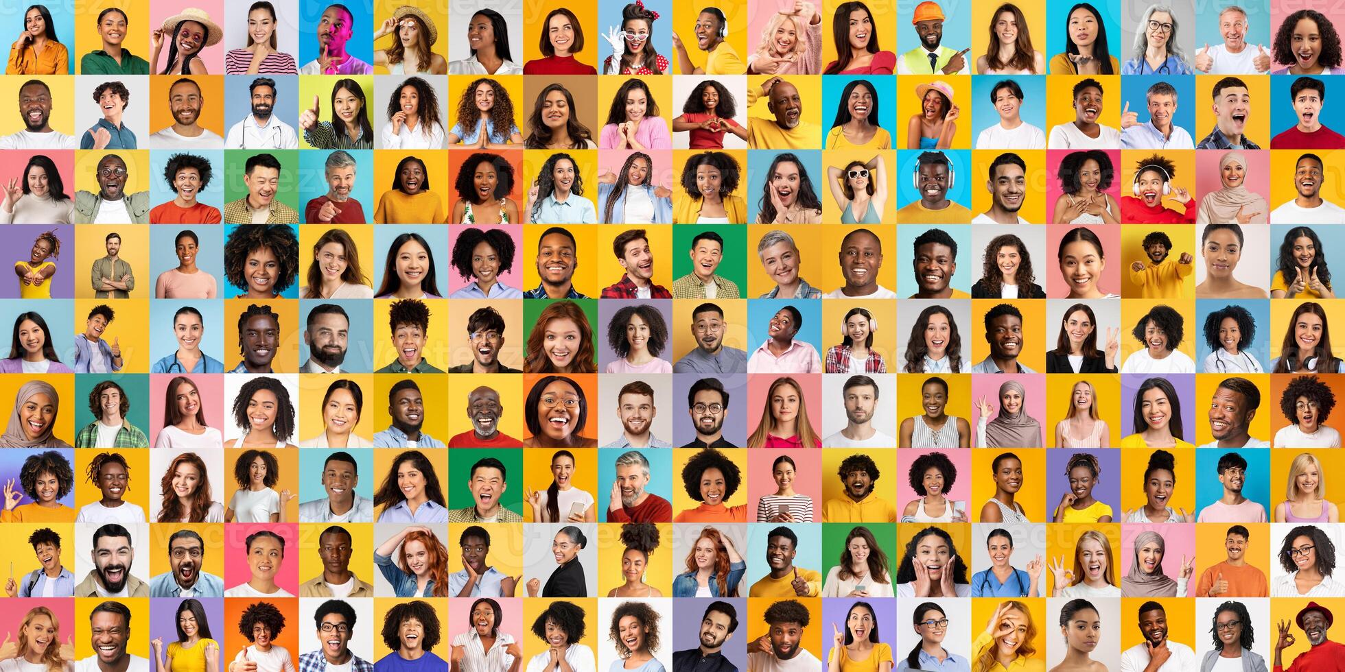 A vibrant collage displays diverse faces of people representing various lifestyles, conveying unity and strength in diversity. Each portrait reflects individuality and connection. photo