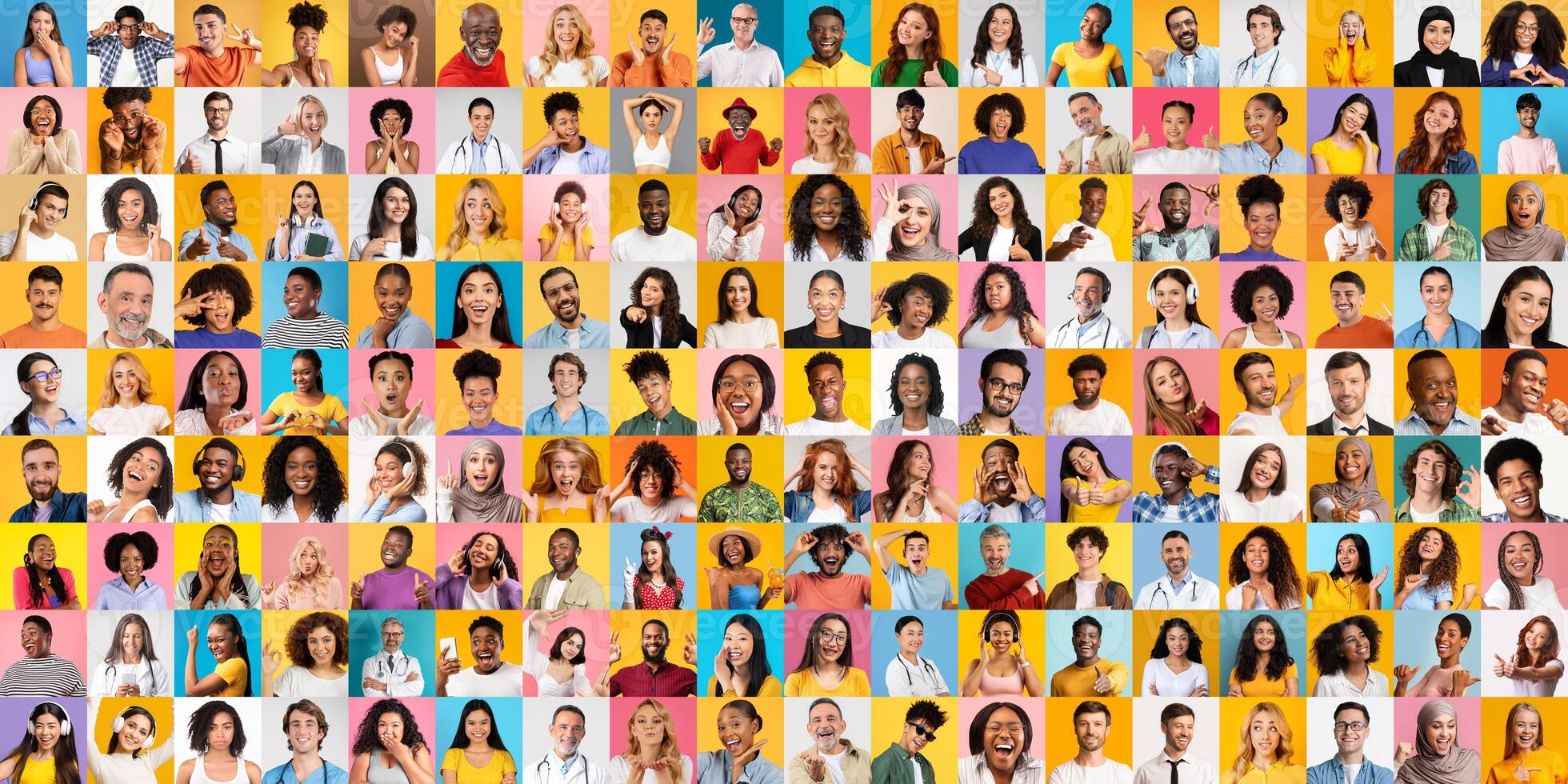 A collection showcasing faces of diverse individuals from various backgrounds, radiating joy and unity. Each portrait captures unique expressions against bright, colorful backdrops. photo