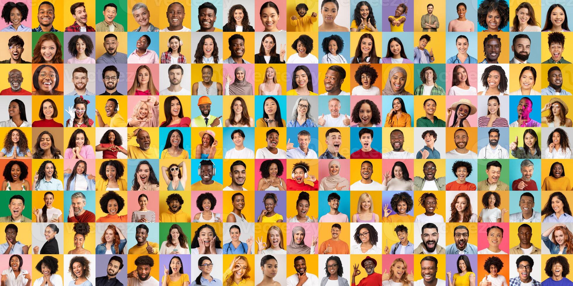 A vibrant collage features portraits of diverse individuals from various backgrounds. Each face reflects a unique story and lifestyle, capturing the essence of diversity in modern life. photo