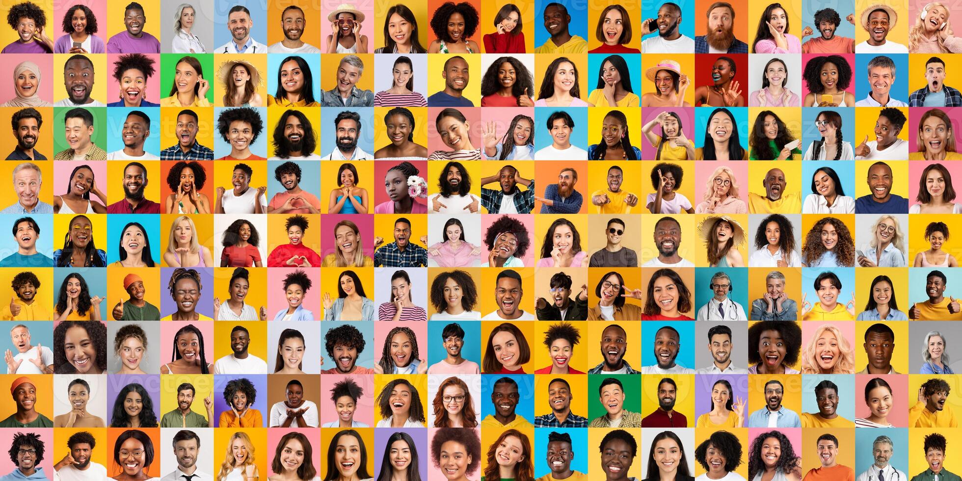 This lively collection showcases a multitude of diverse individuals, each with unique expressions, united in a celebration of diversity. The bright backgrounds enhance their joyful presence. photo
