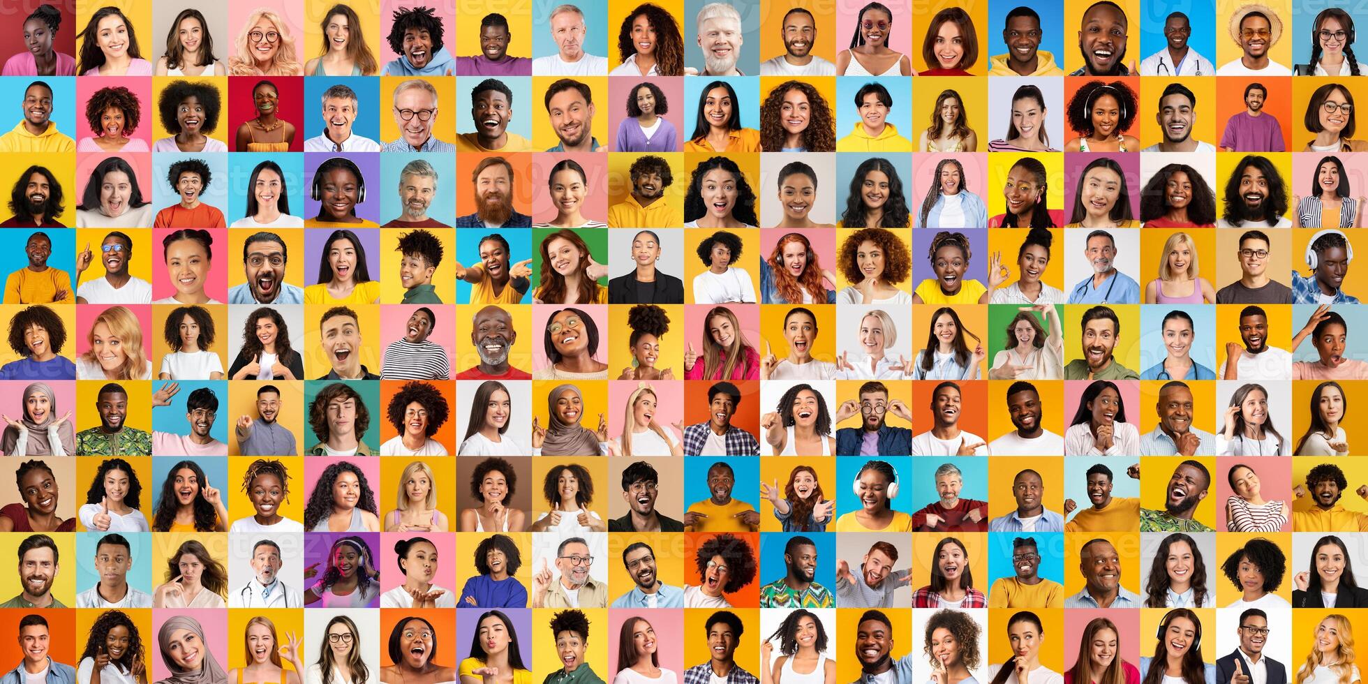 A vibrant collection of diverse faces representing various lifestyles, portraits on colorful backgrounds photo