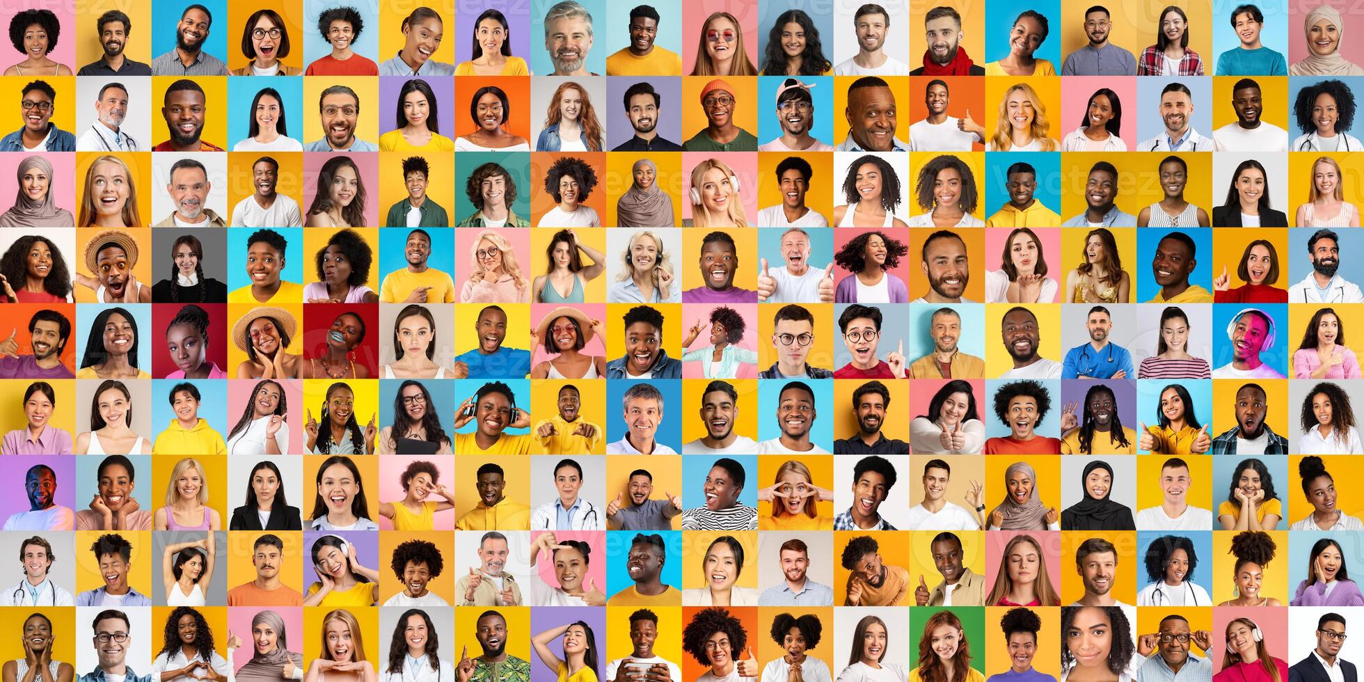 A vibrant collage showcases diverse individuals from different backgrounds sharing their unique expressions. photo