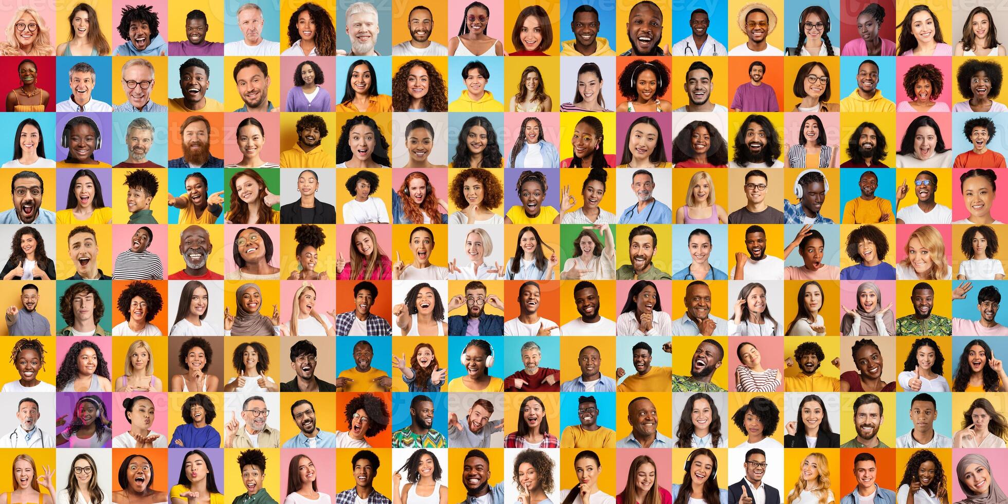 A vibrant collage features a wide array of diverse individuals expressing joy and authenticity. This multiethnic collection captures the essence of global lifestyles and connections among people. photo