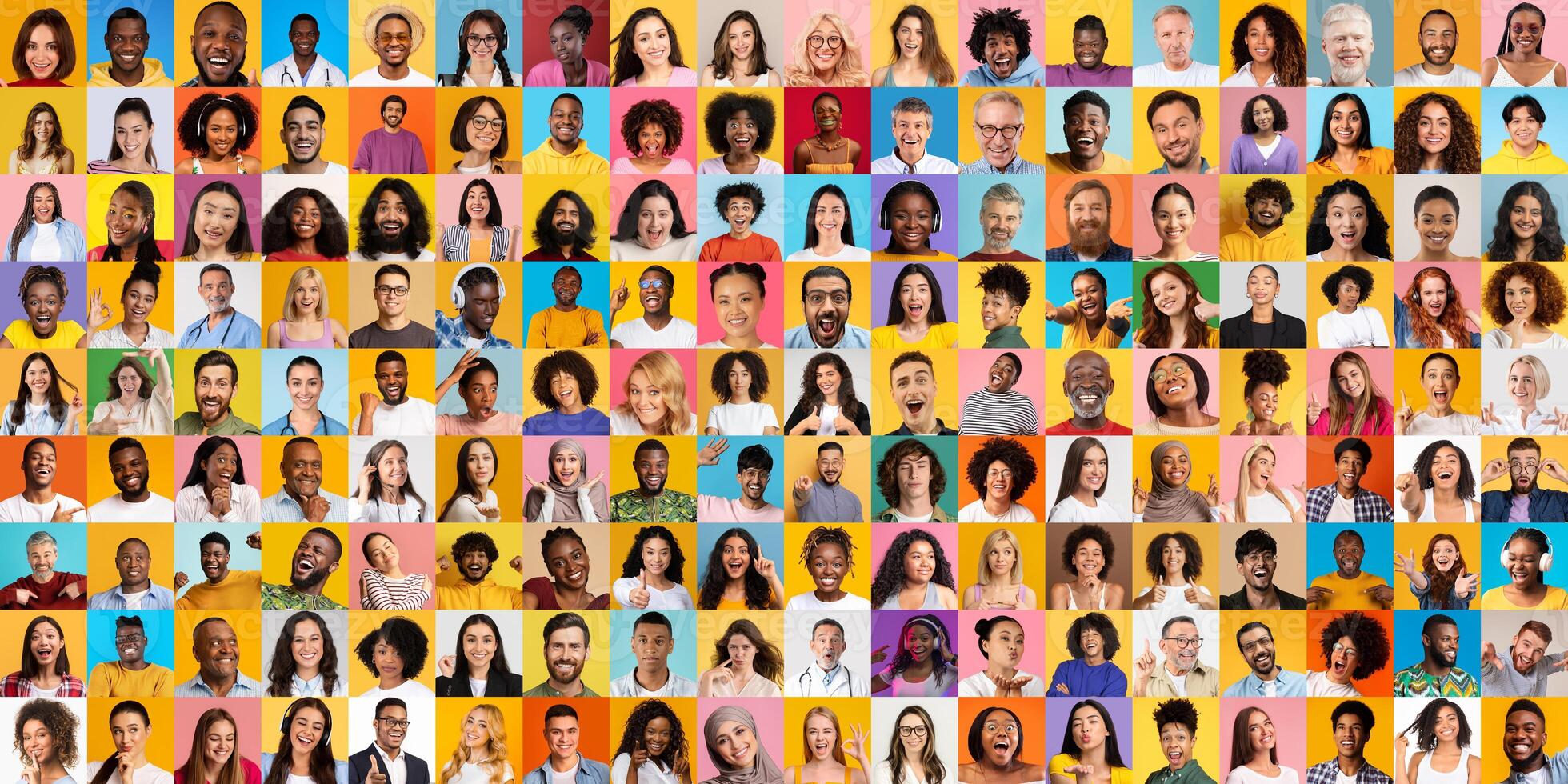 A vibrant collage of diverse, multiracial individuals, each displaying unique expressions and styles. This collection reflects global lifestyles and the beauty of togetherness. photo