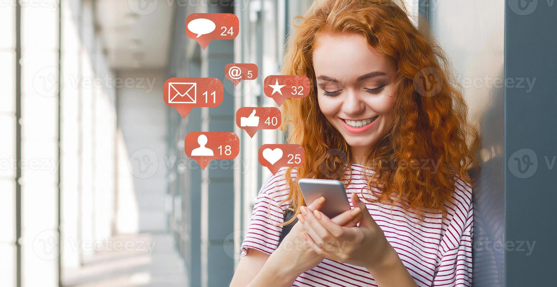 Blogger using phone with social media notification icons, panorama photo