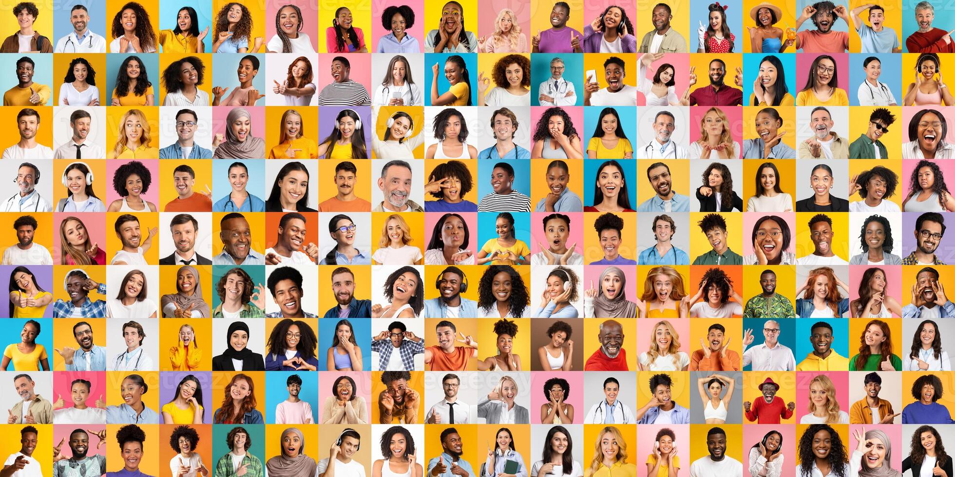 A collection of portraits showcases people from various backgrounds smiling and expressing joy. This colorful set represents the essence of unity and diversity in a modern lifestyle. photo