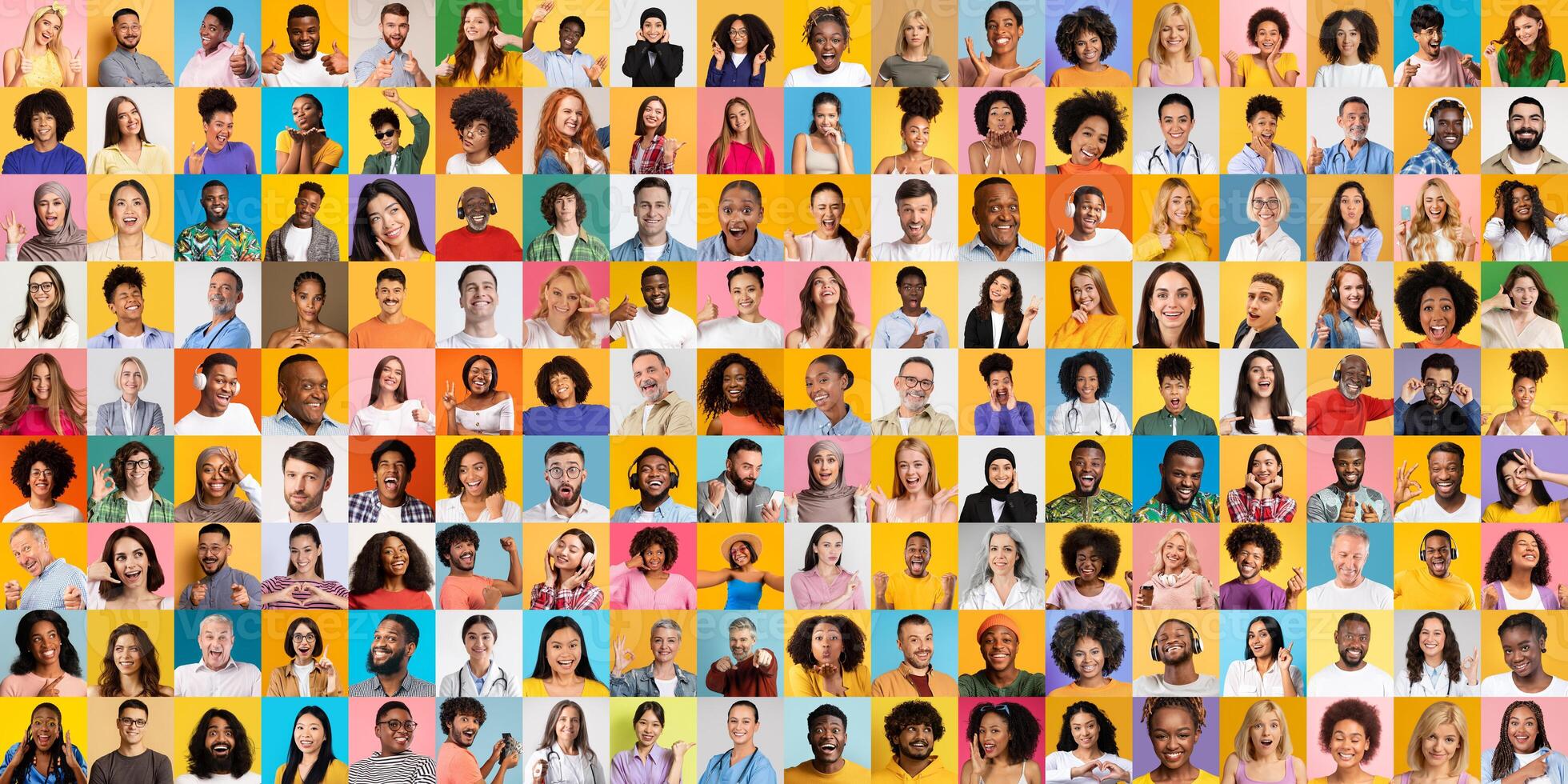 Faces of various backgrounds are displayed in a vibrant collage. Each person wears distinct styles, highlighting individuality and the beauty of diversity in a lively setting. photo