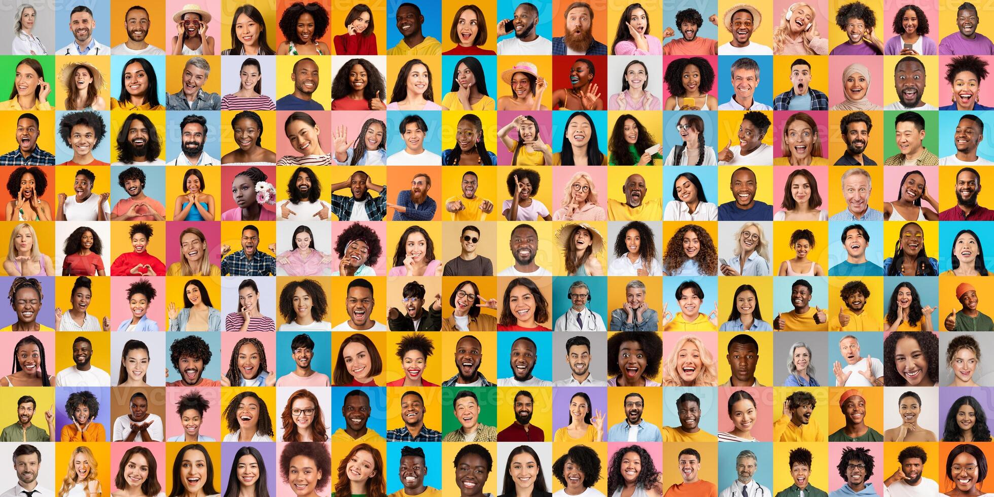 A vibrant collection of portraits featuring diverse individuals from various backgrounds. Each face expresses unique stories and lifestyles, highlighting multiracial and multiethnic beauty. photo