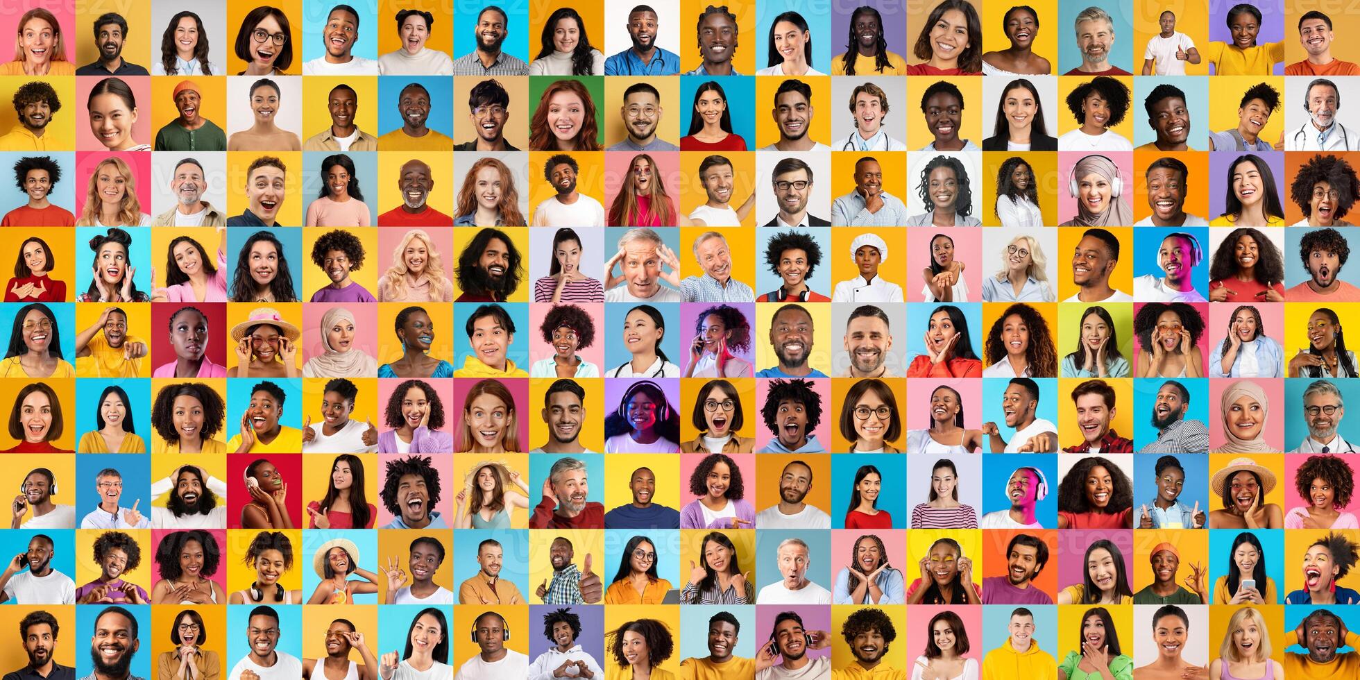 A vibrant portrait collage featuring people from various backgrounds expressing happiness and diversity. This international collection highlights a wide range of faces and emotions, promoting unity. photo