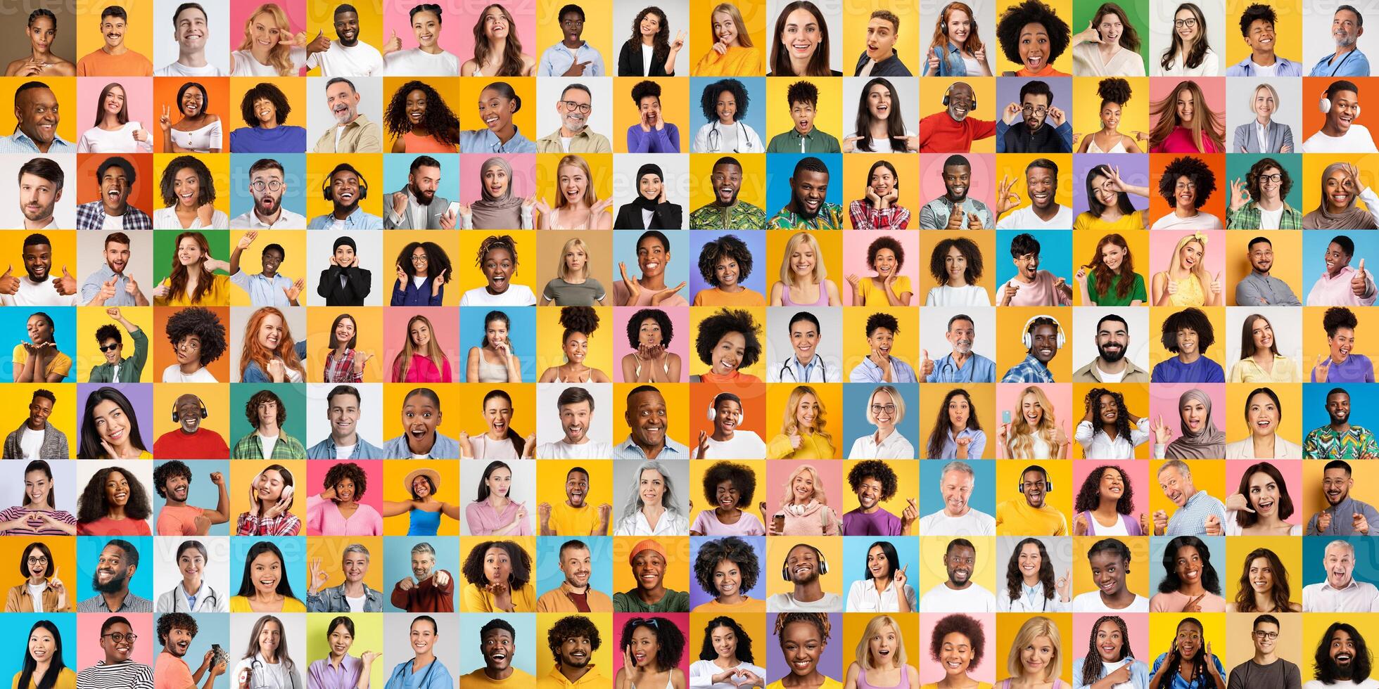 A vibrant collage showcases diverse individuals from various backgrounds, each portrait filled with unique expressions. The collection emphasizes unity among different cultures through lively colors. photo