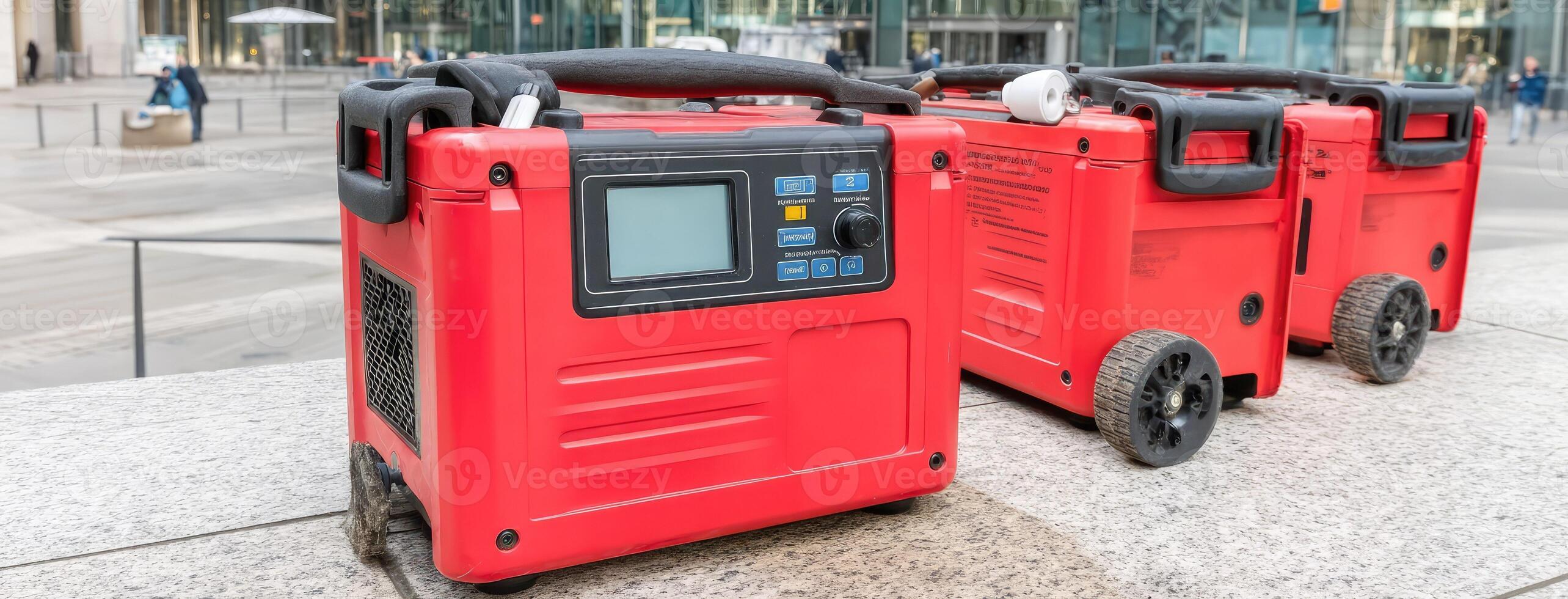 Three red portable generators sitting on a sidewalk photo
