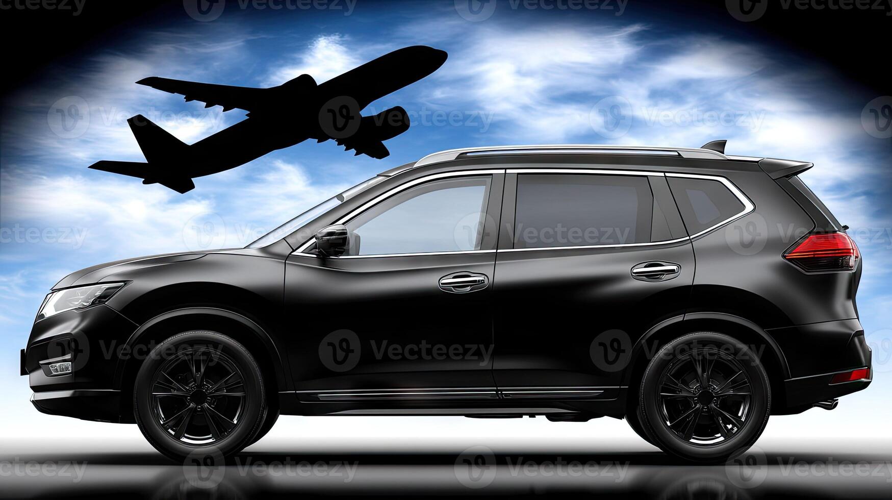 A black suv with an airplane flying above it photo