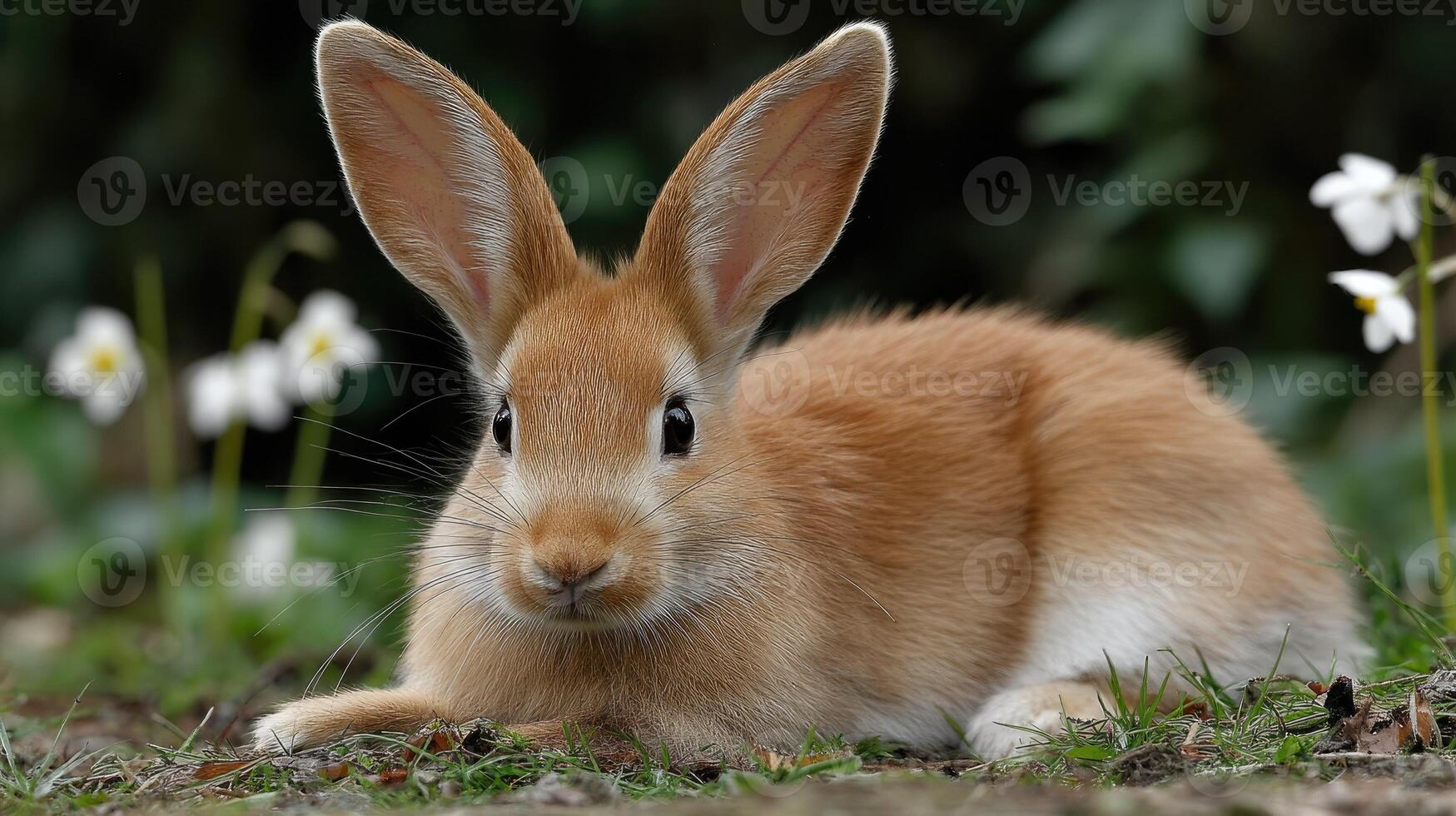 A small brown rabbit sitting in the grass photo
