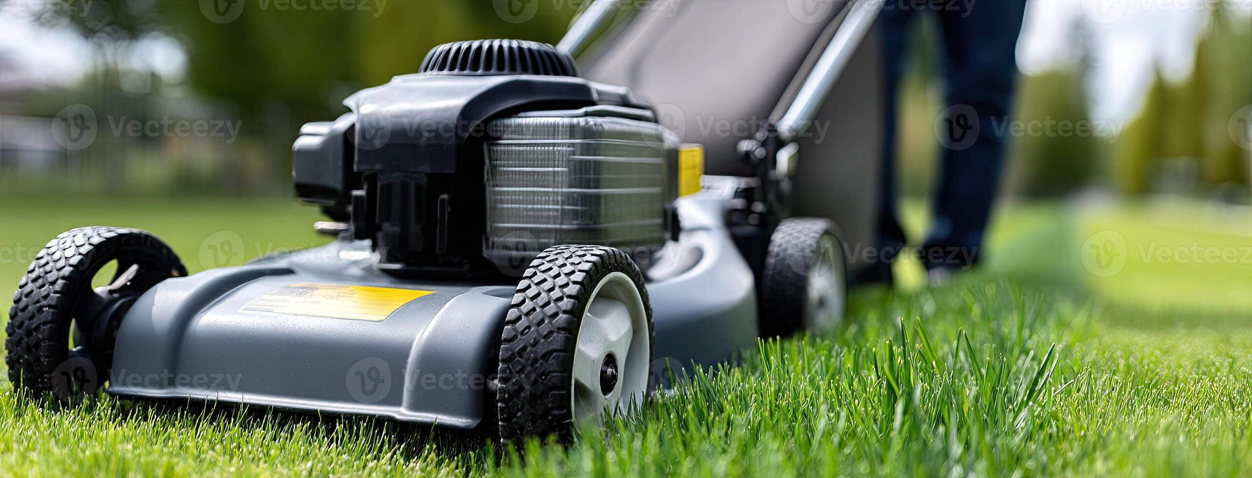 A person mowing the grass with a lawn mower photo