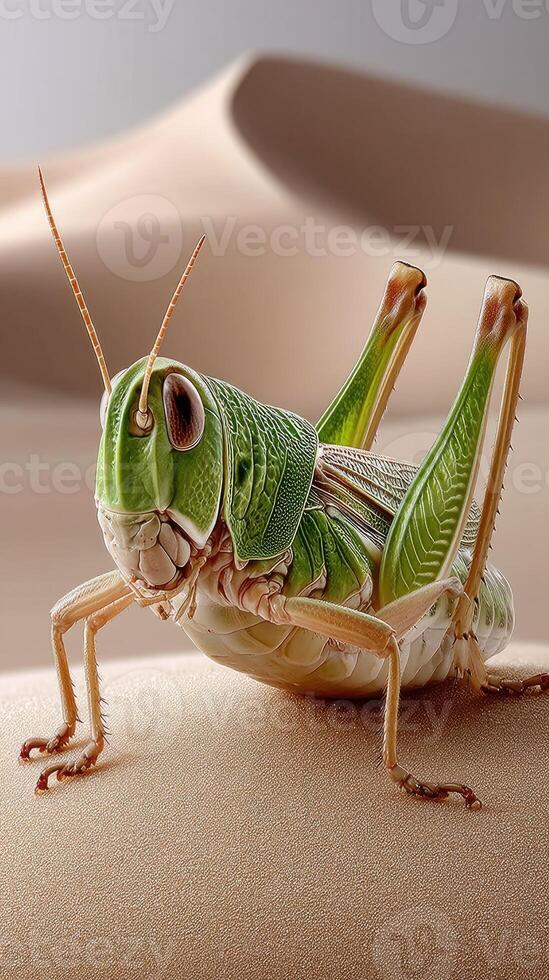 A grasshopper is standing on top of a sand dune photo