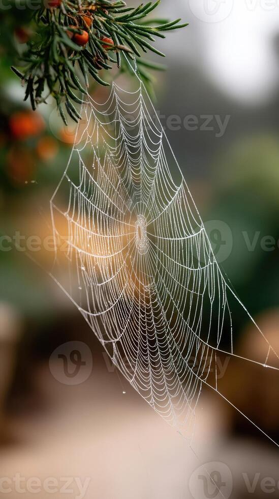 A spider web is hanging from a tree branch photo