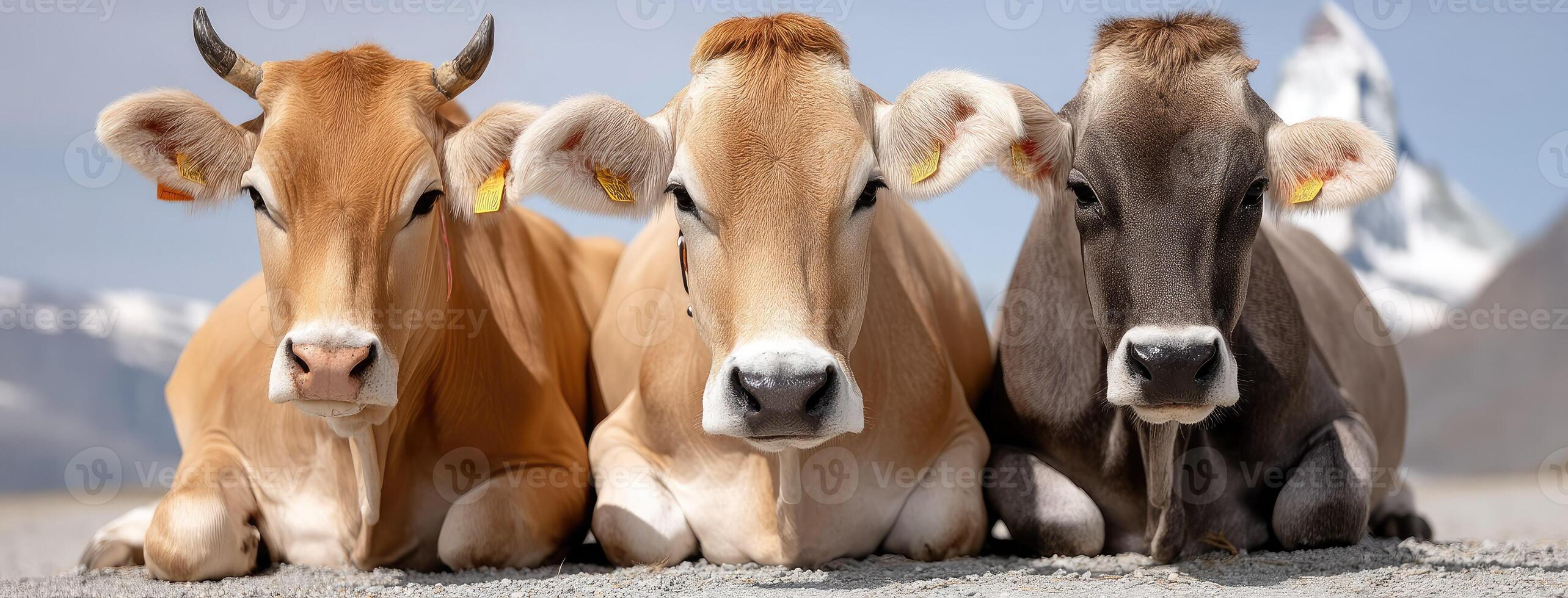 Three cows laying down on a rocky field photo