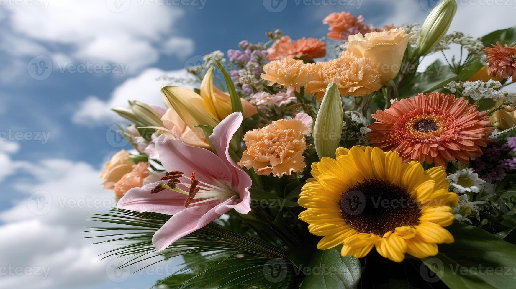A bouquet of flowers is shown in front of a blue sky photo
