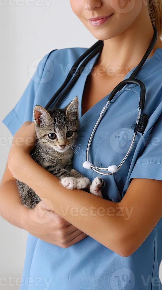 A woman in a blue uniform holding a kitten photo