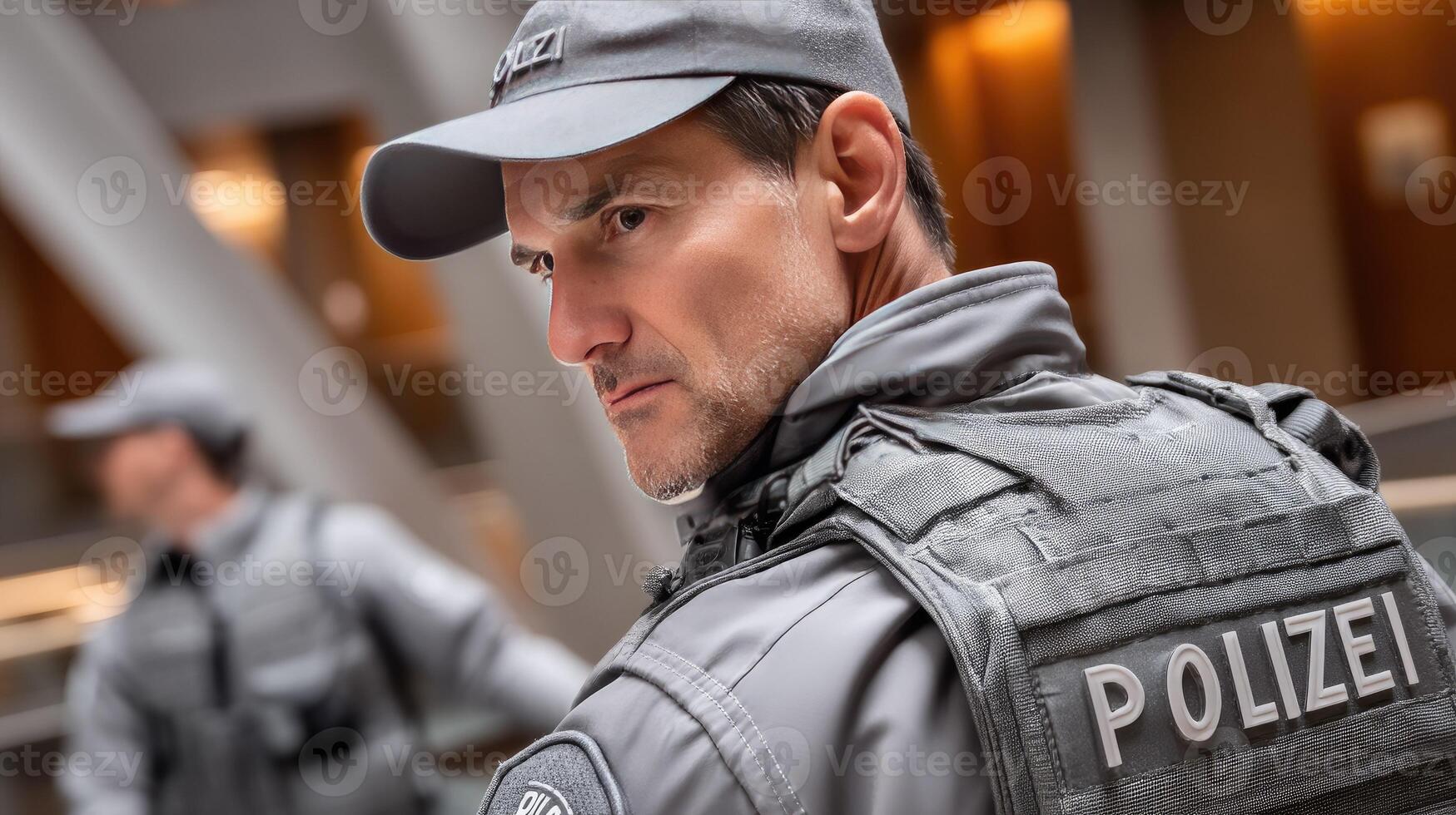 A man in a police uniform is standing in a hallway photo