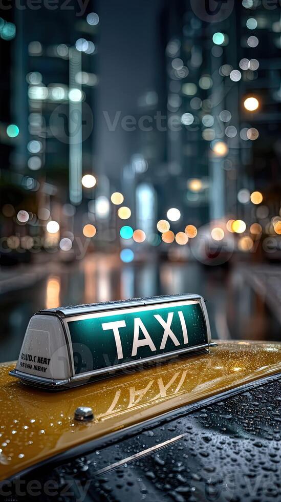 A taxi cab with a green light on the front photo