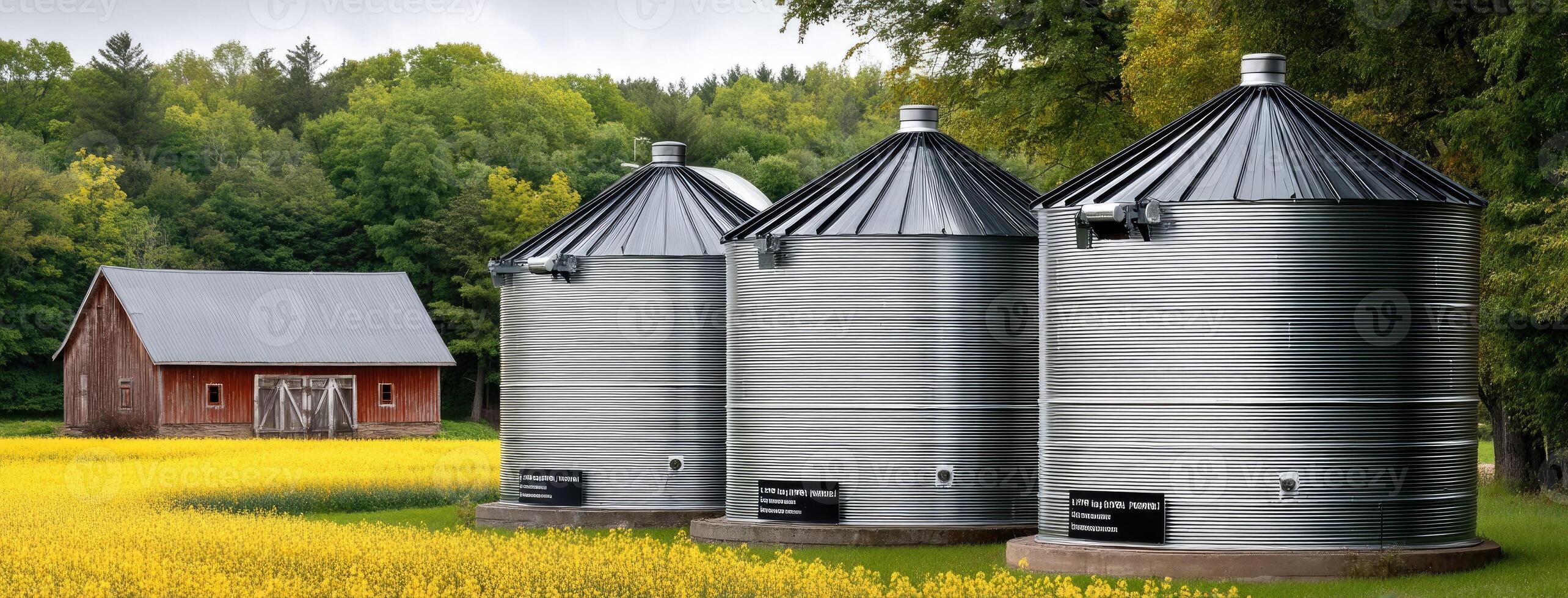 Three metal grain bins in a field with a barn photo