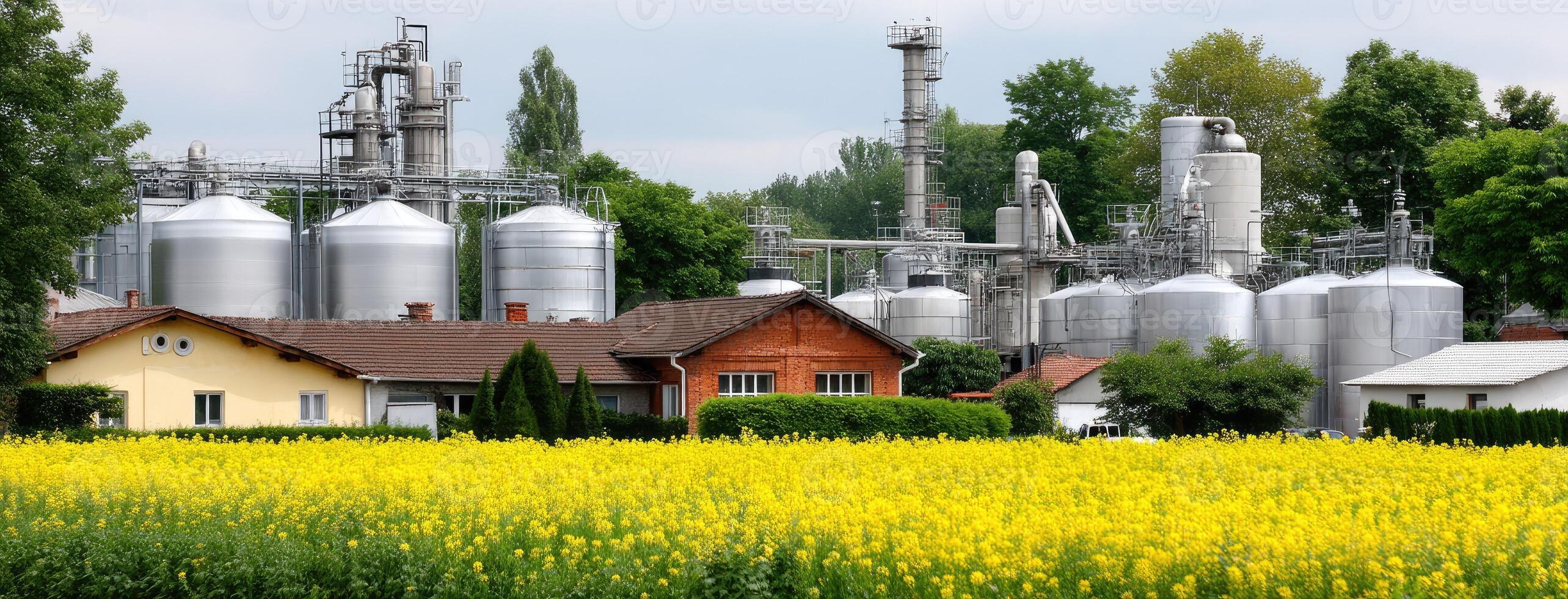 A field of yellow flowers with a large factory in the background photo