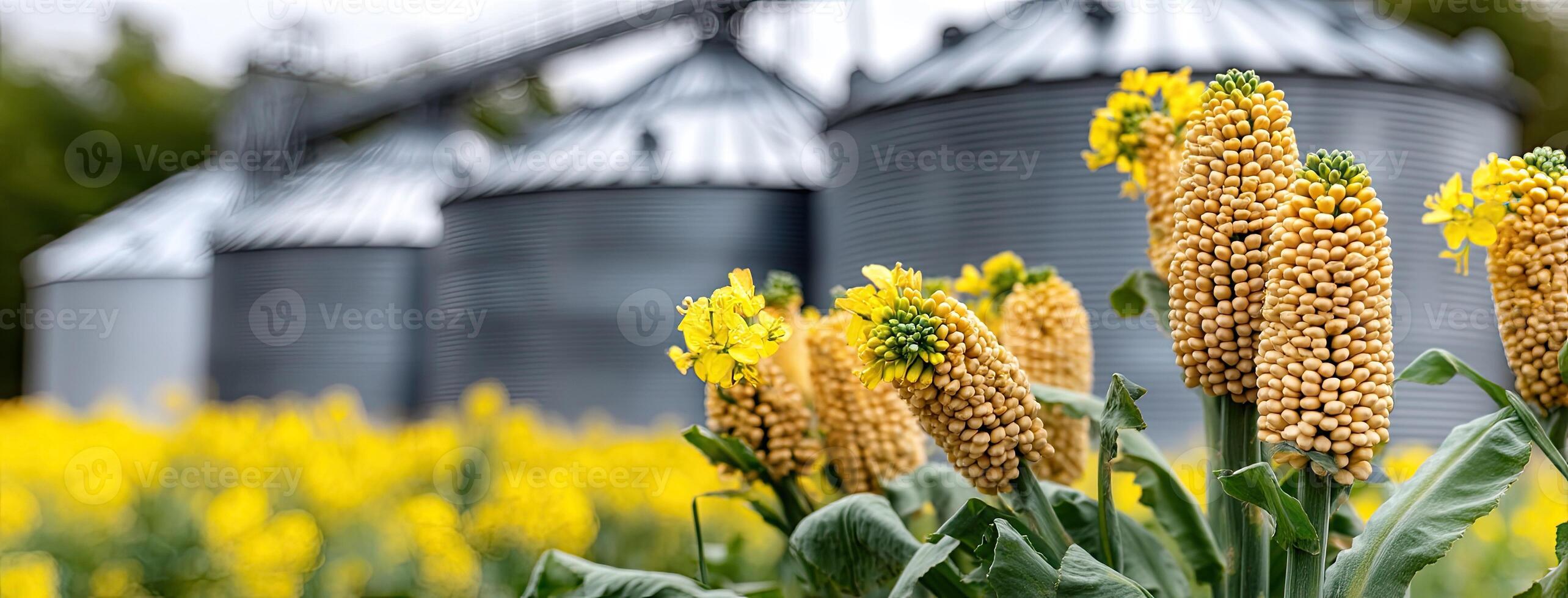 A field of yellow flowers in front of two grain silos photo