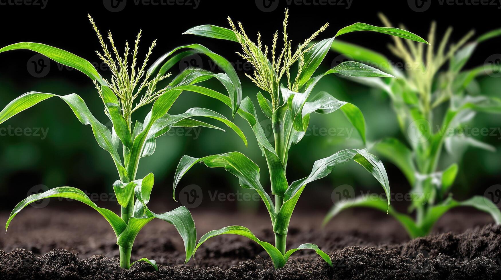 Corn plants growing in the soil photo