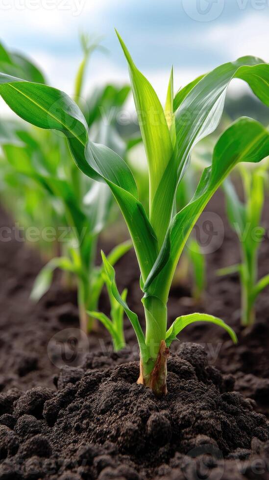 Corn plant growing in the soil photo