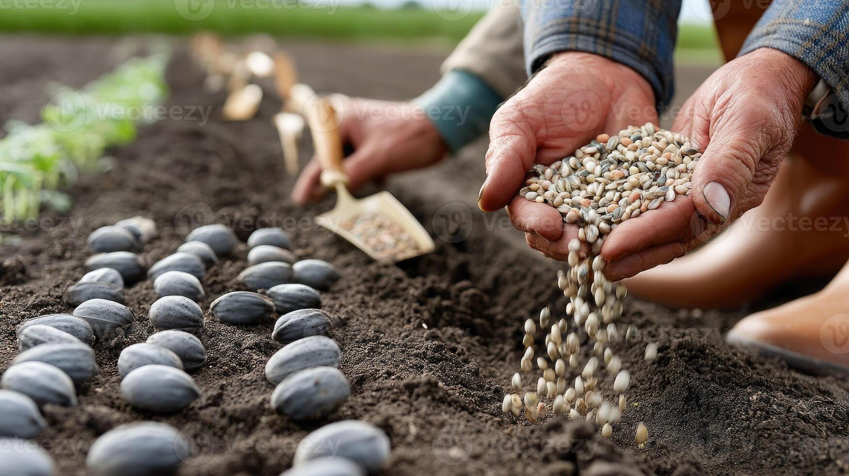 A man is planting seeds in a field photo